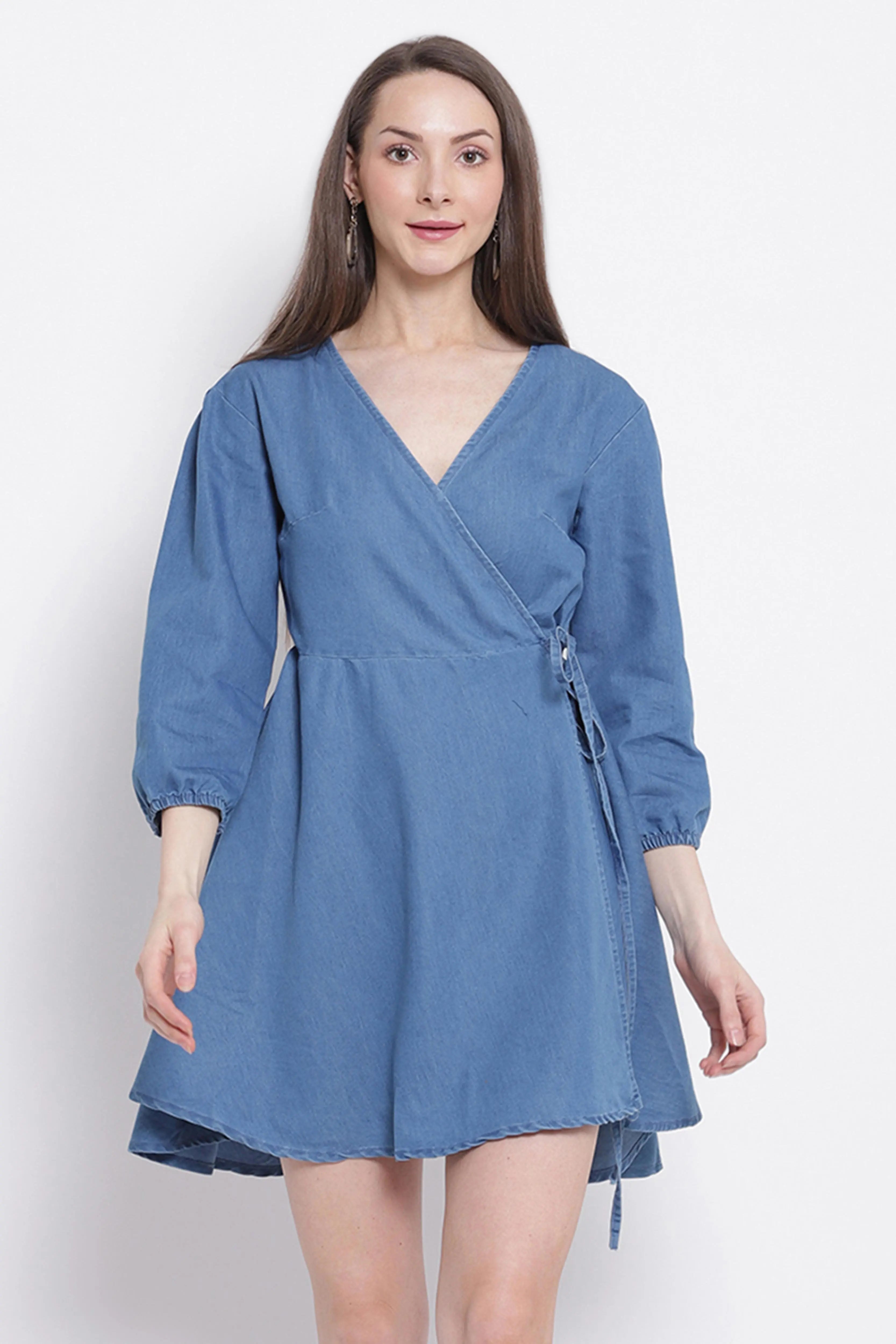 women light blue denim solid denim dress