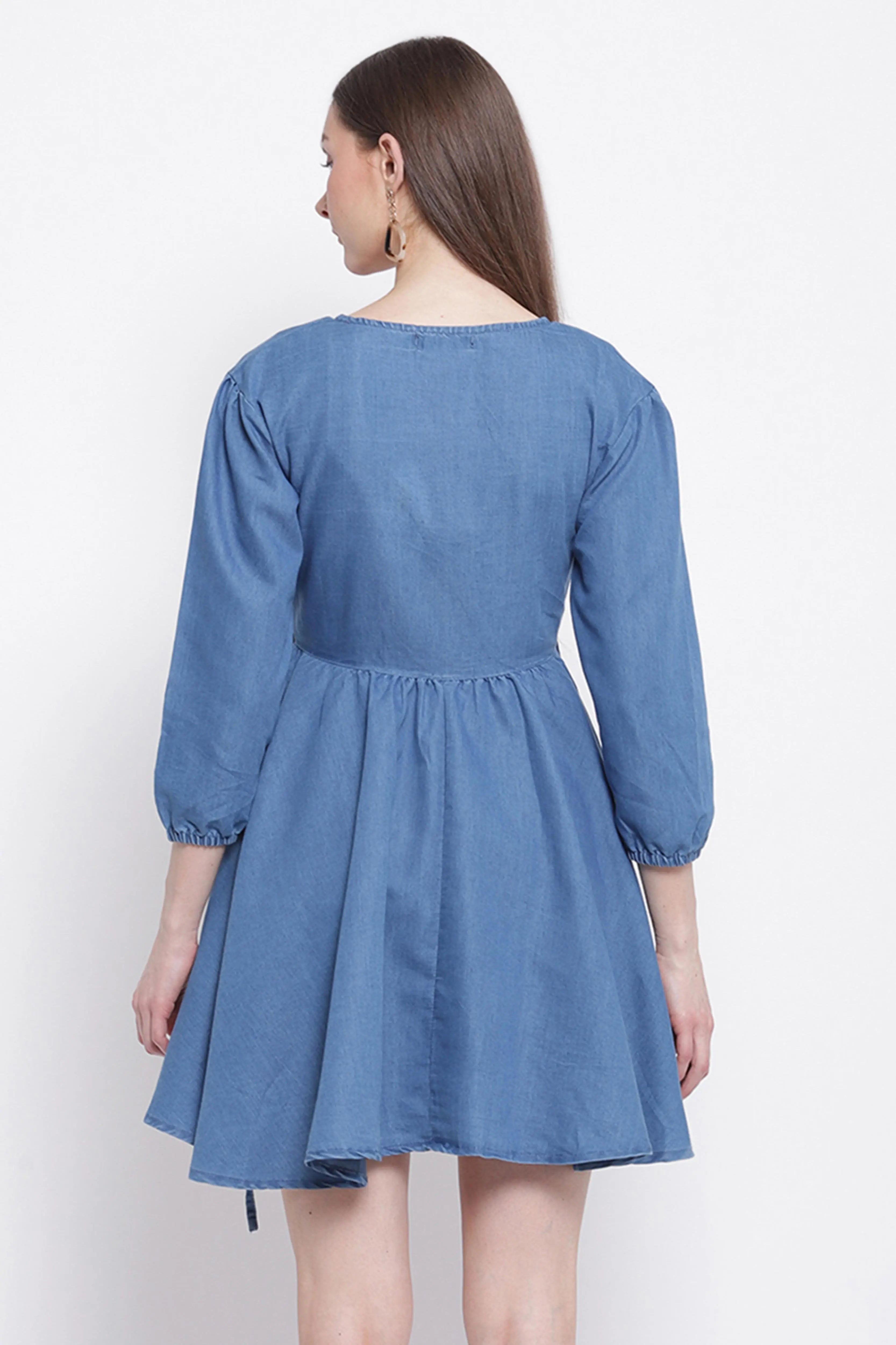 women light blue denim solid denim dress