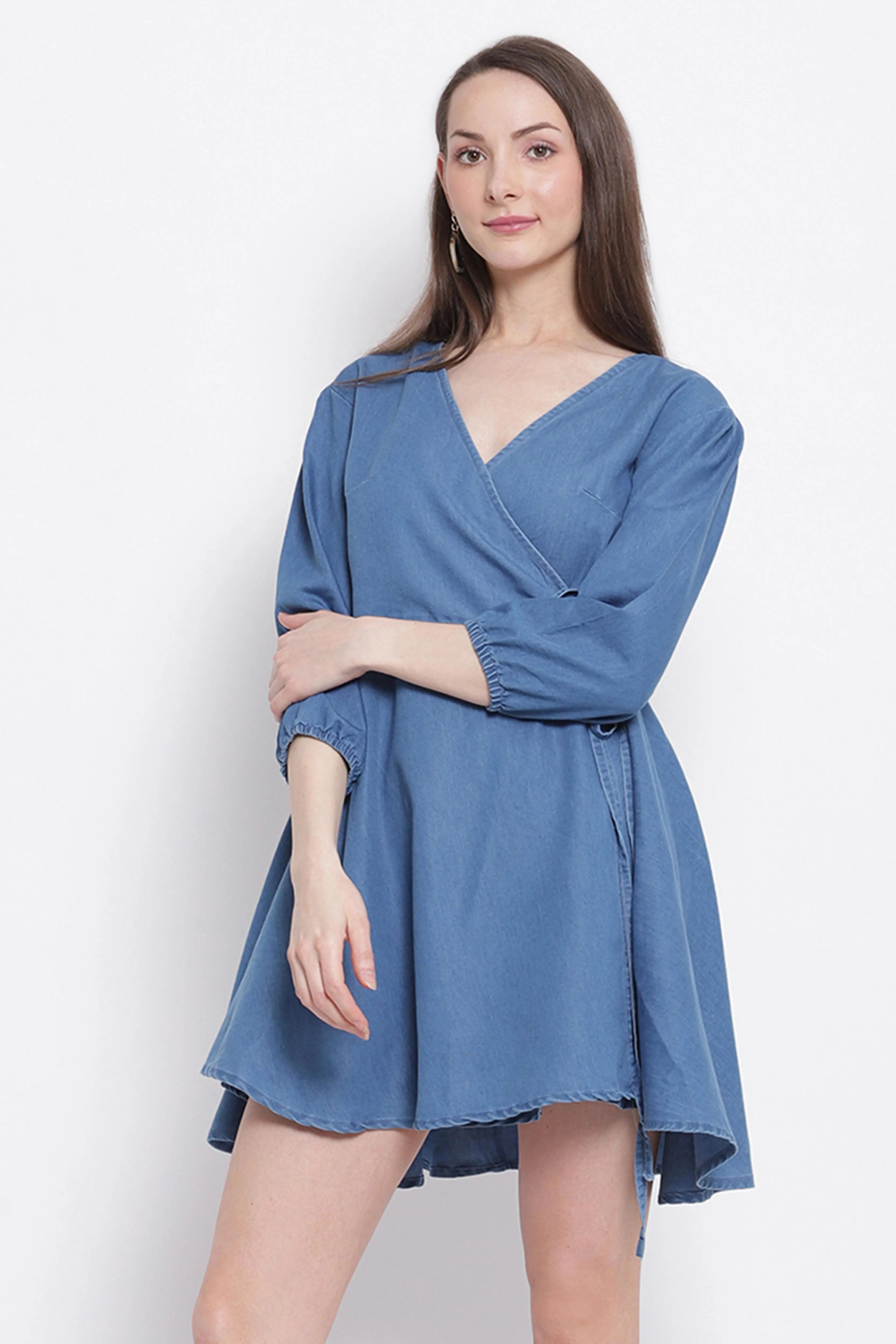 women light blue denim solid denim dress