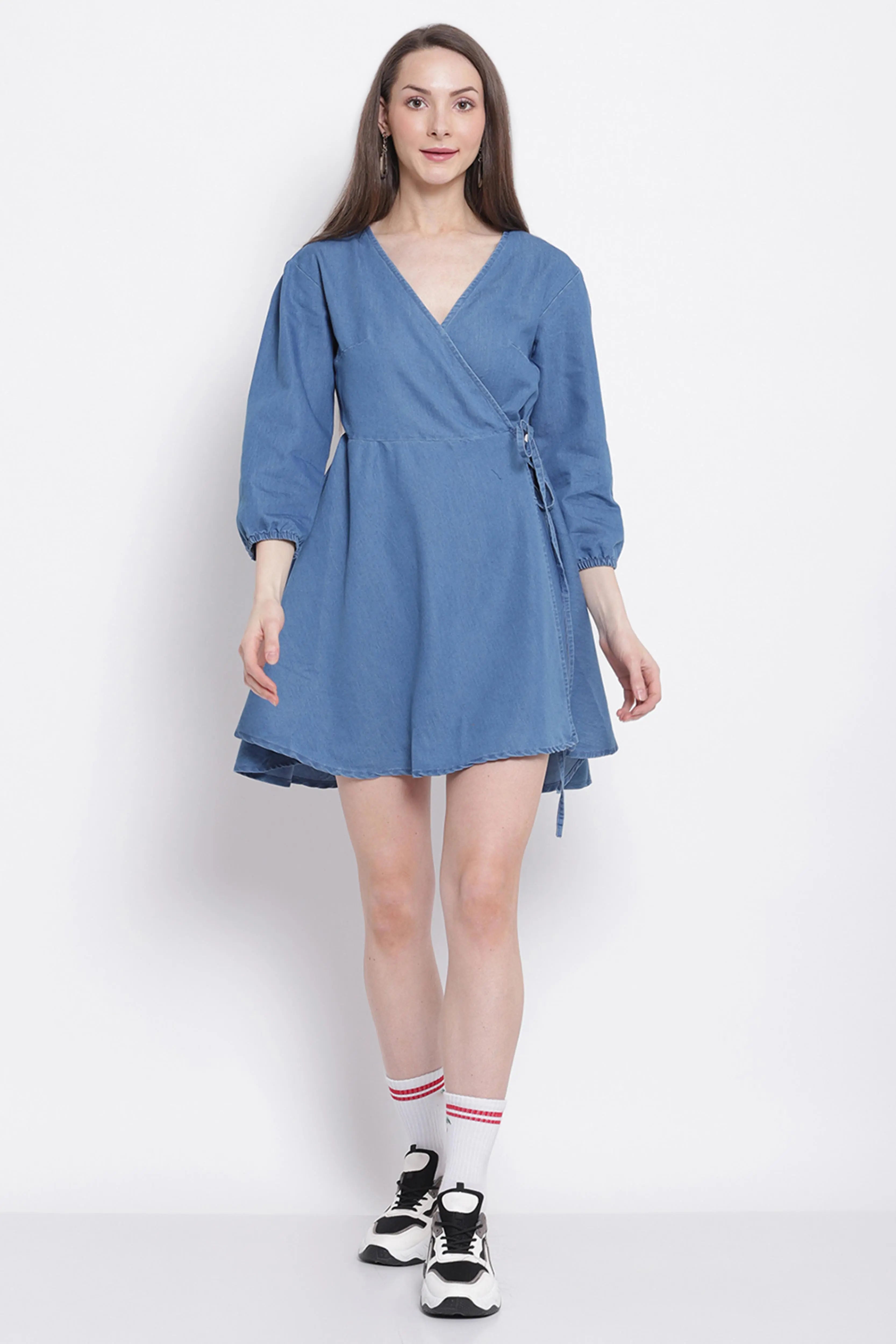 women light blue denim solid denim dress