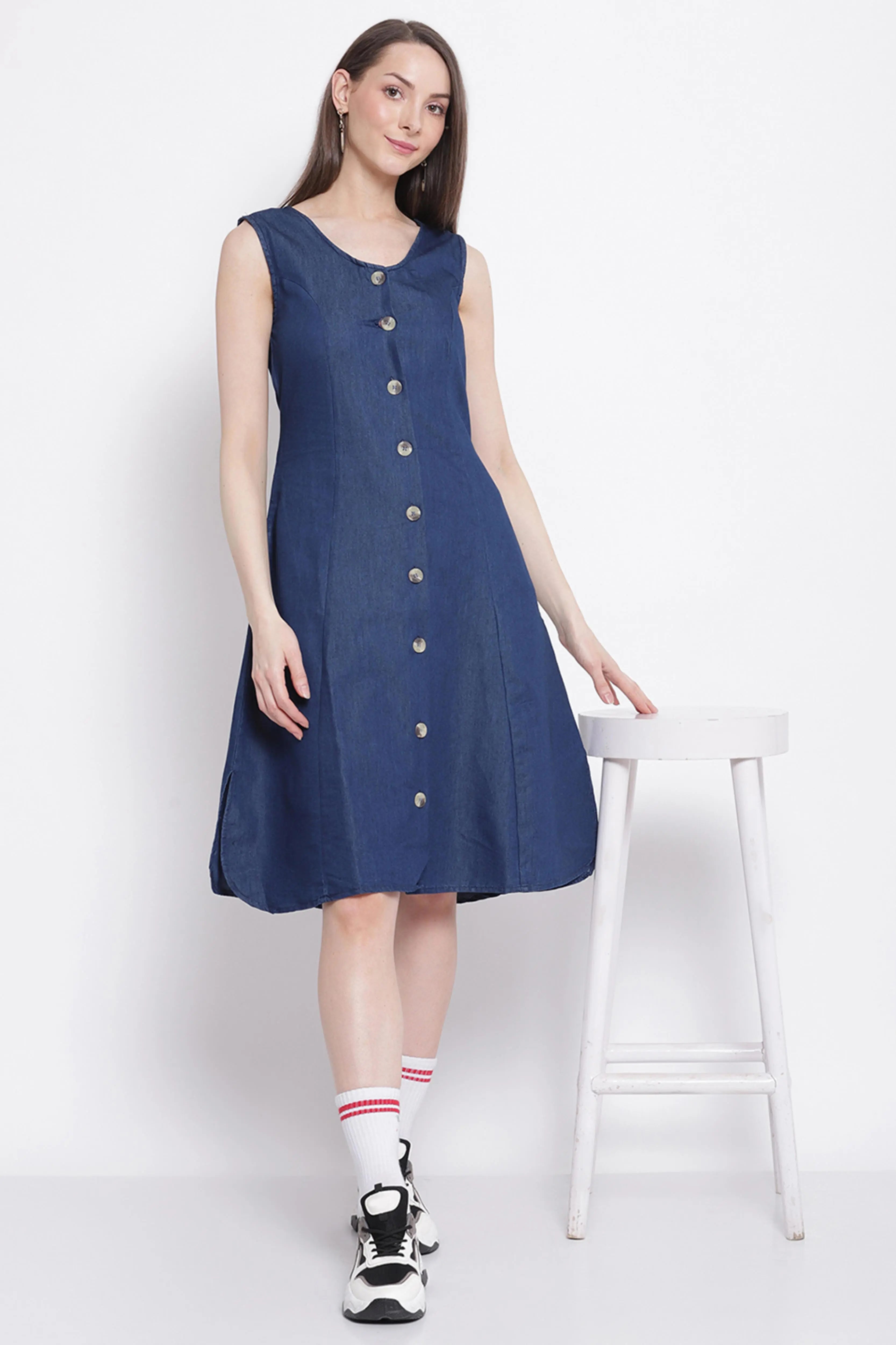 women dark blue denim a line dress
