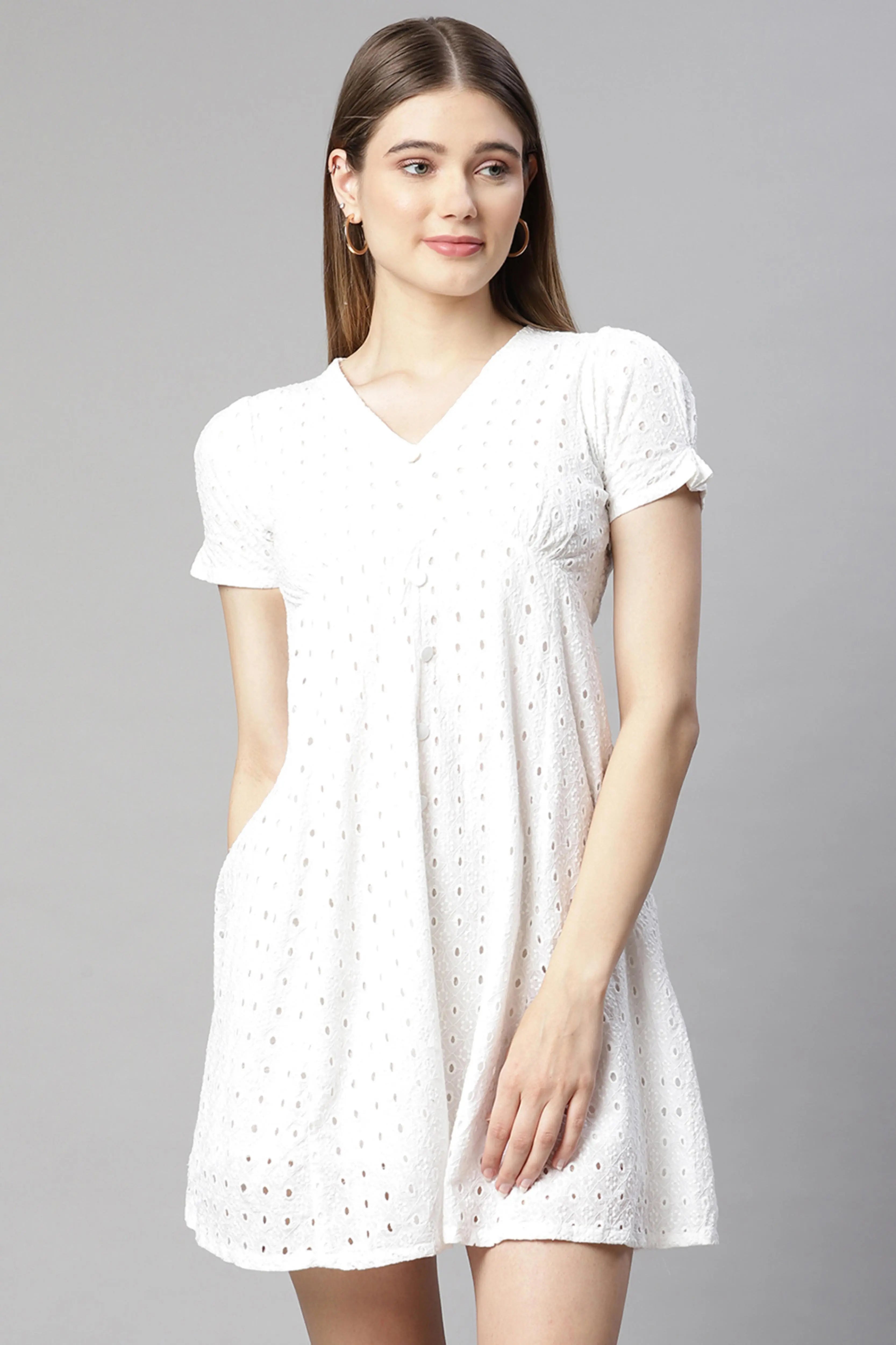 Women White Schiffli Cotton Skater Dress