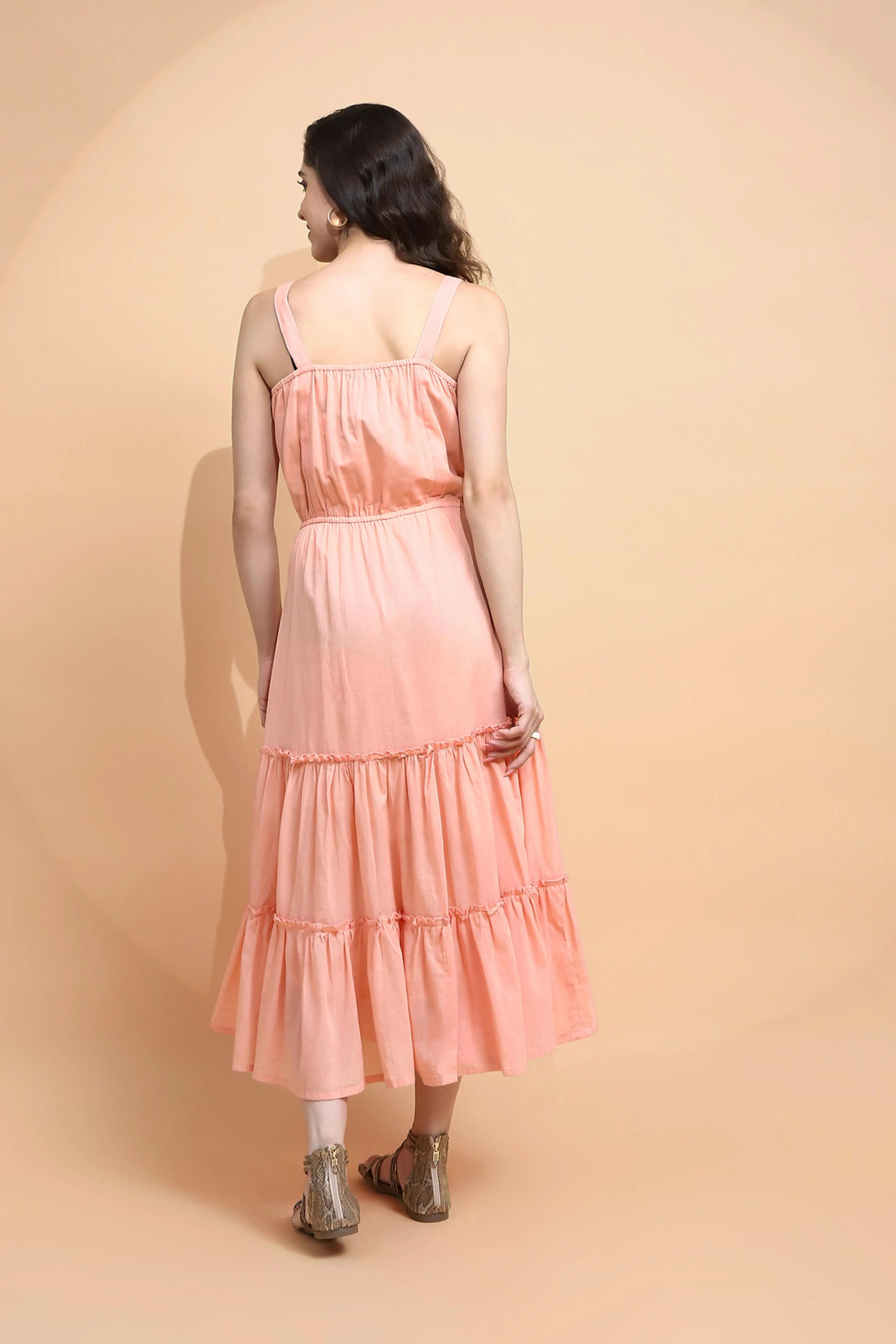 Peach Cotton Regular Fit Dress - Global Republic
