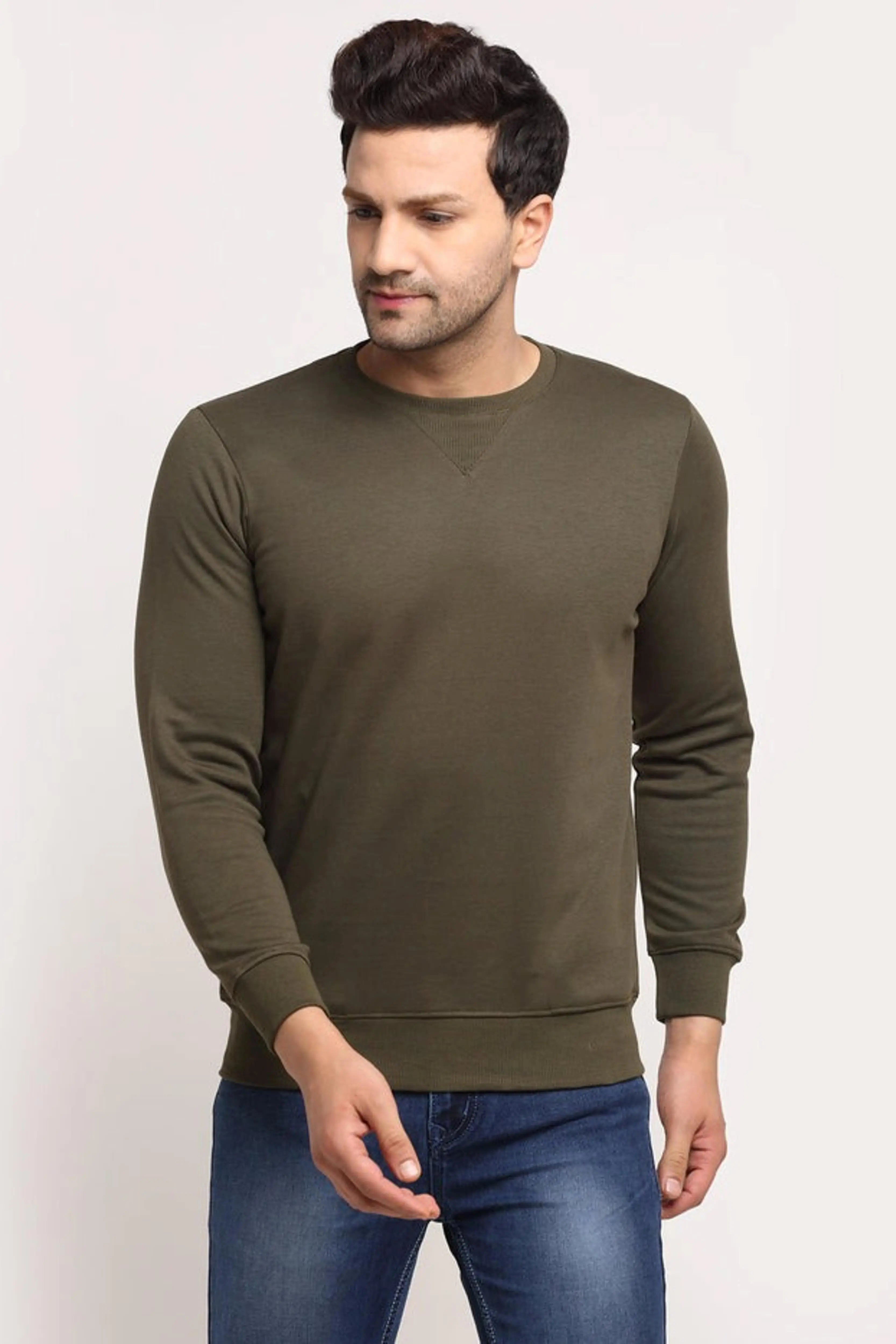 Men Olive Solid Round Neck Full Sleeve Sweatshirt - Global Republic