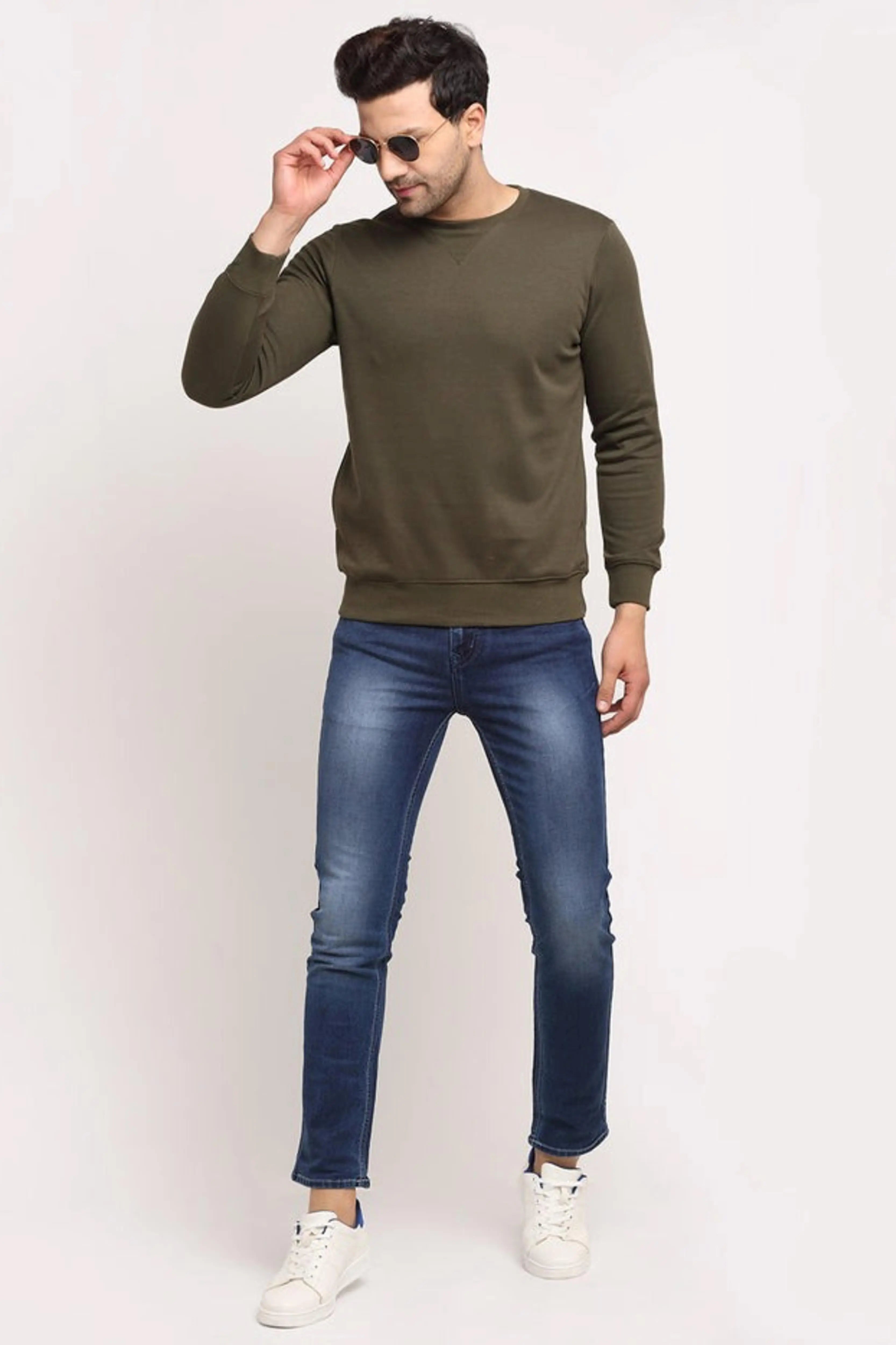 Men Olive Solid Round Neck Full Sleeve Sweatshirt - Global Republic