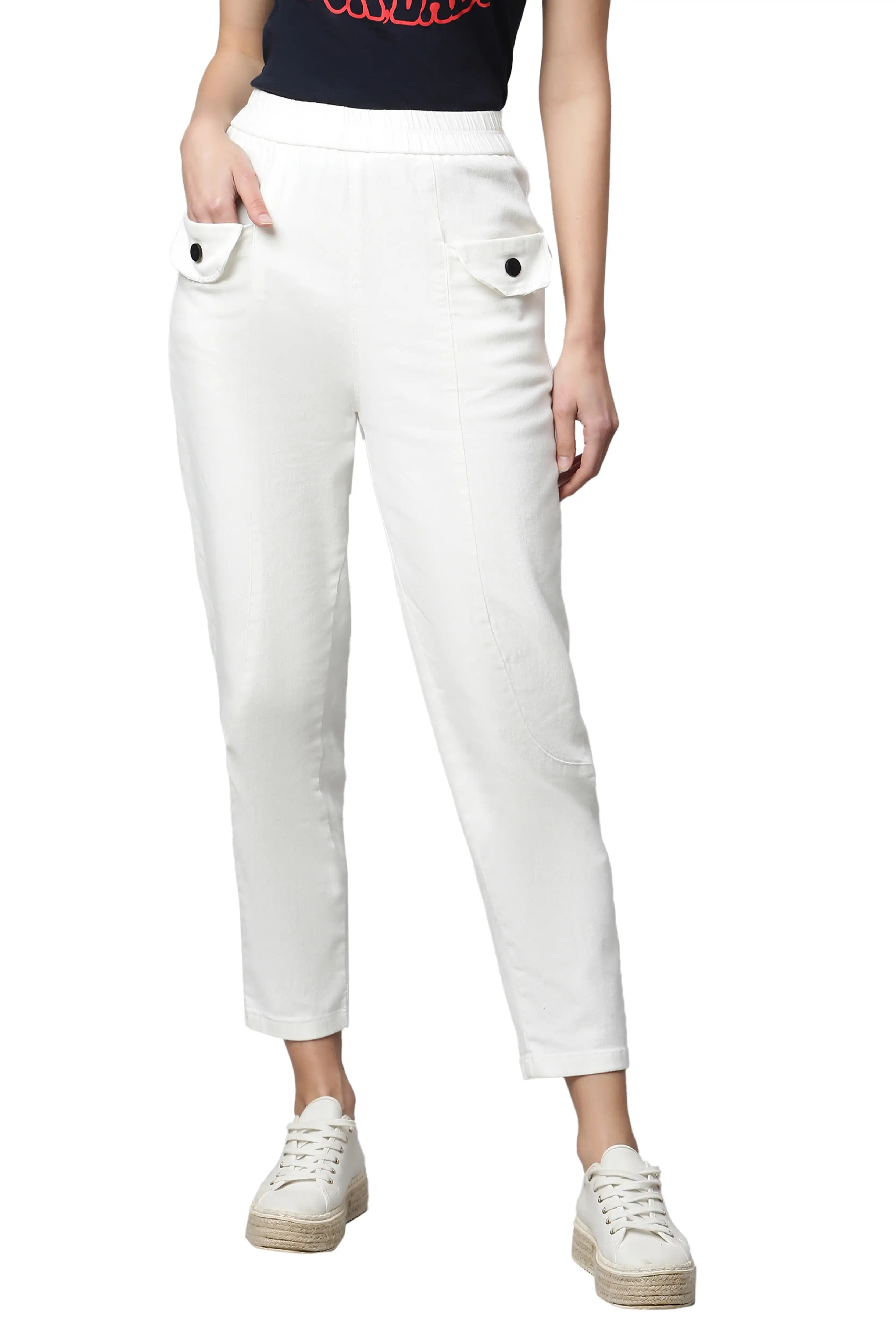 White Cotton Regular Fit Trouser