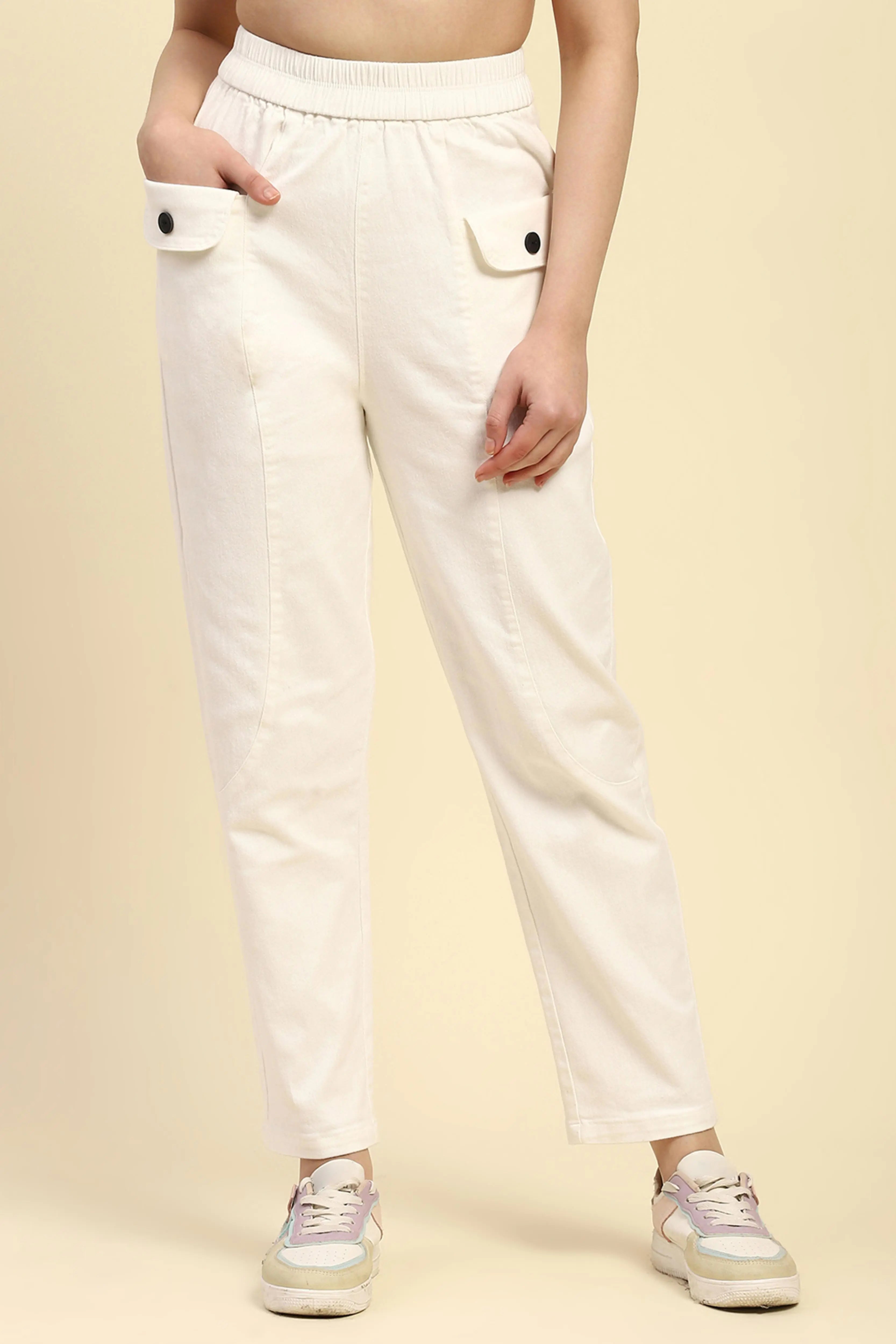 White Cotton Regular Fit Trouser
