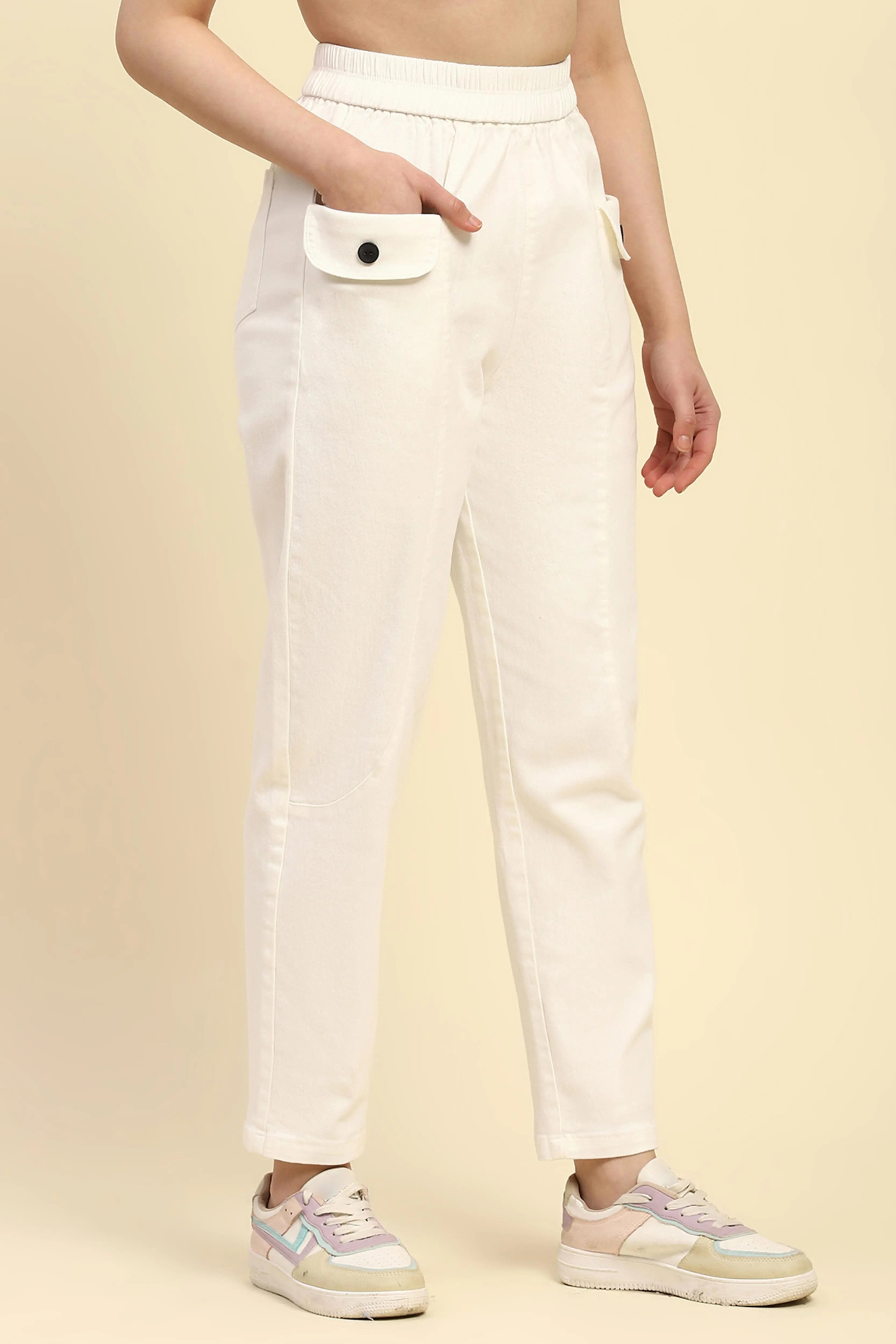 White Cotton Regular Fit Trouser