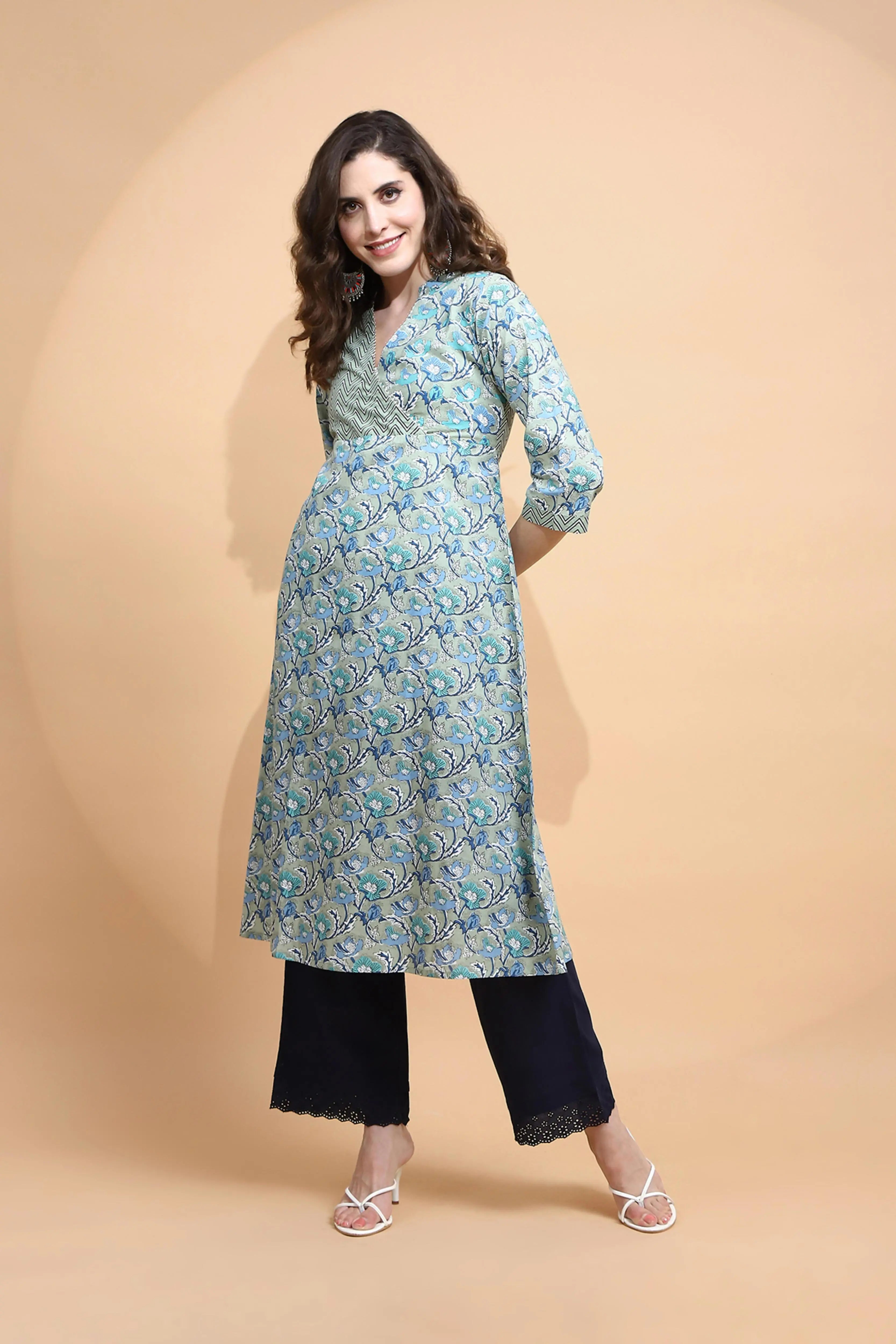 Pista Green Cotton Blend Kurta - Global Republic