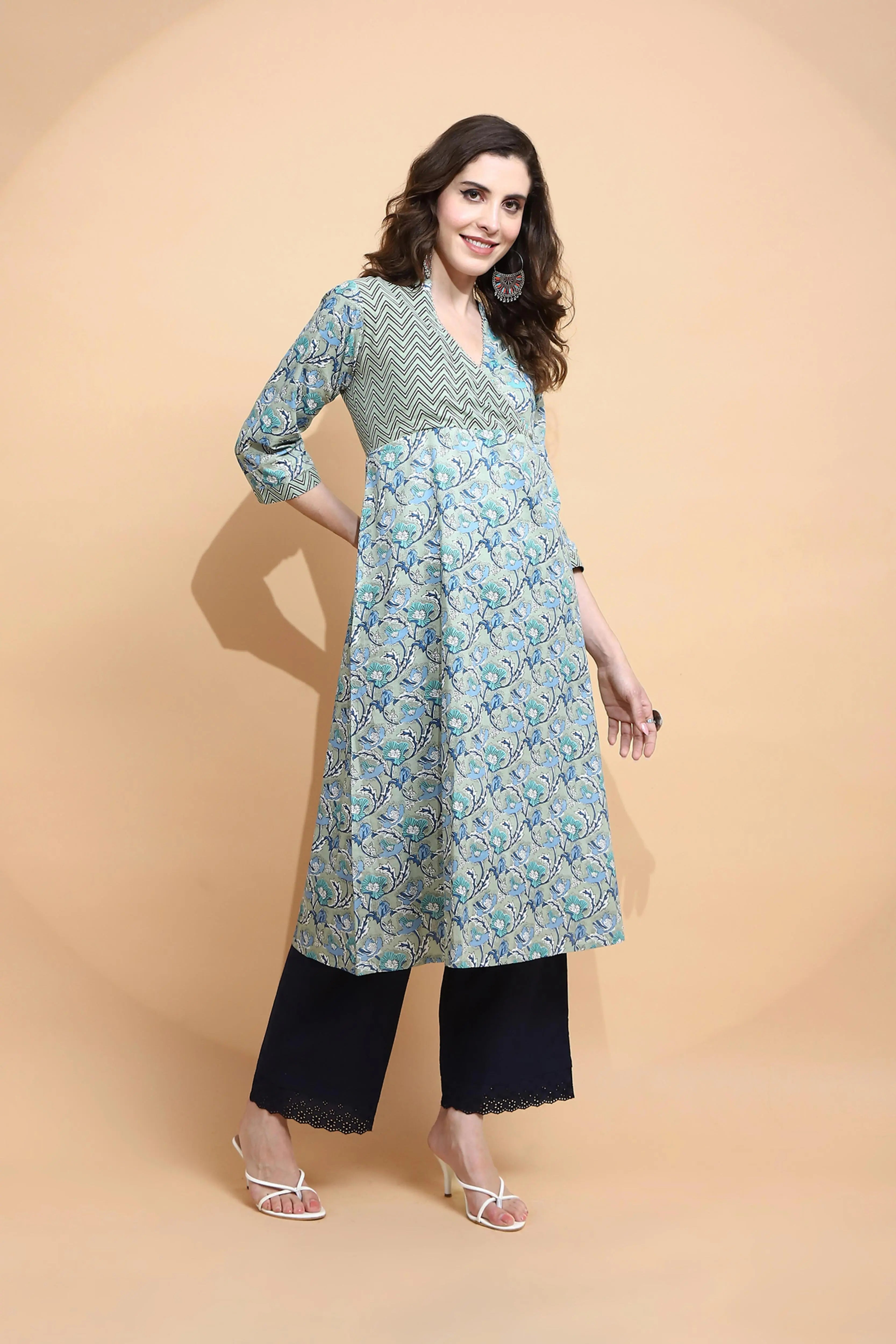 Pista Green Cotton Blend Kurta - Global Republic