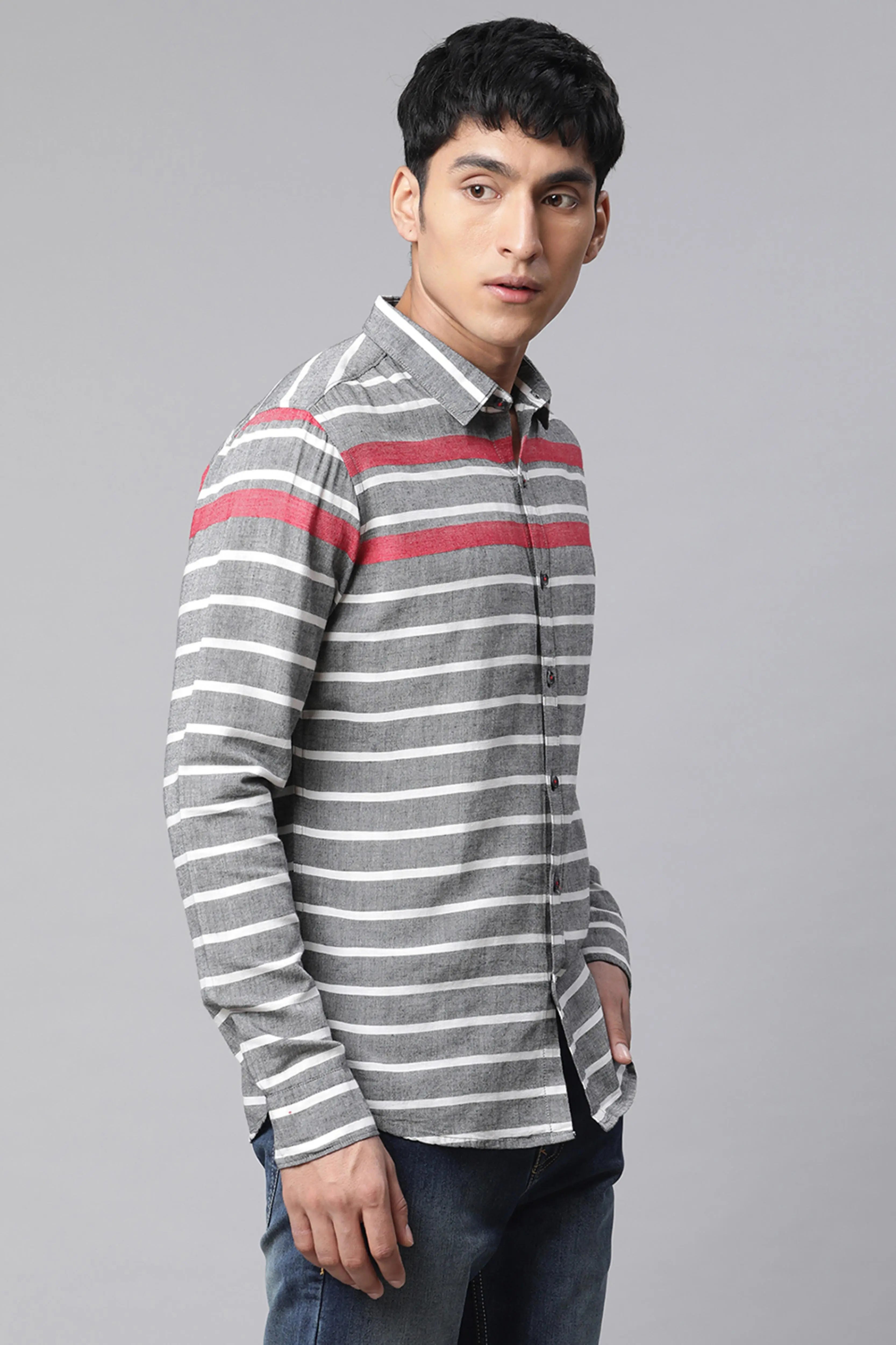 Men Striped printed Grey Horizontal Shirt - Global Republic