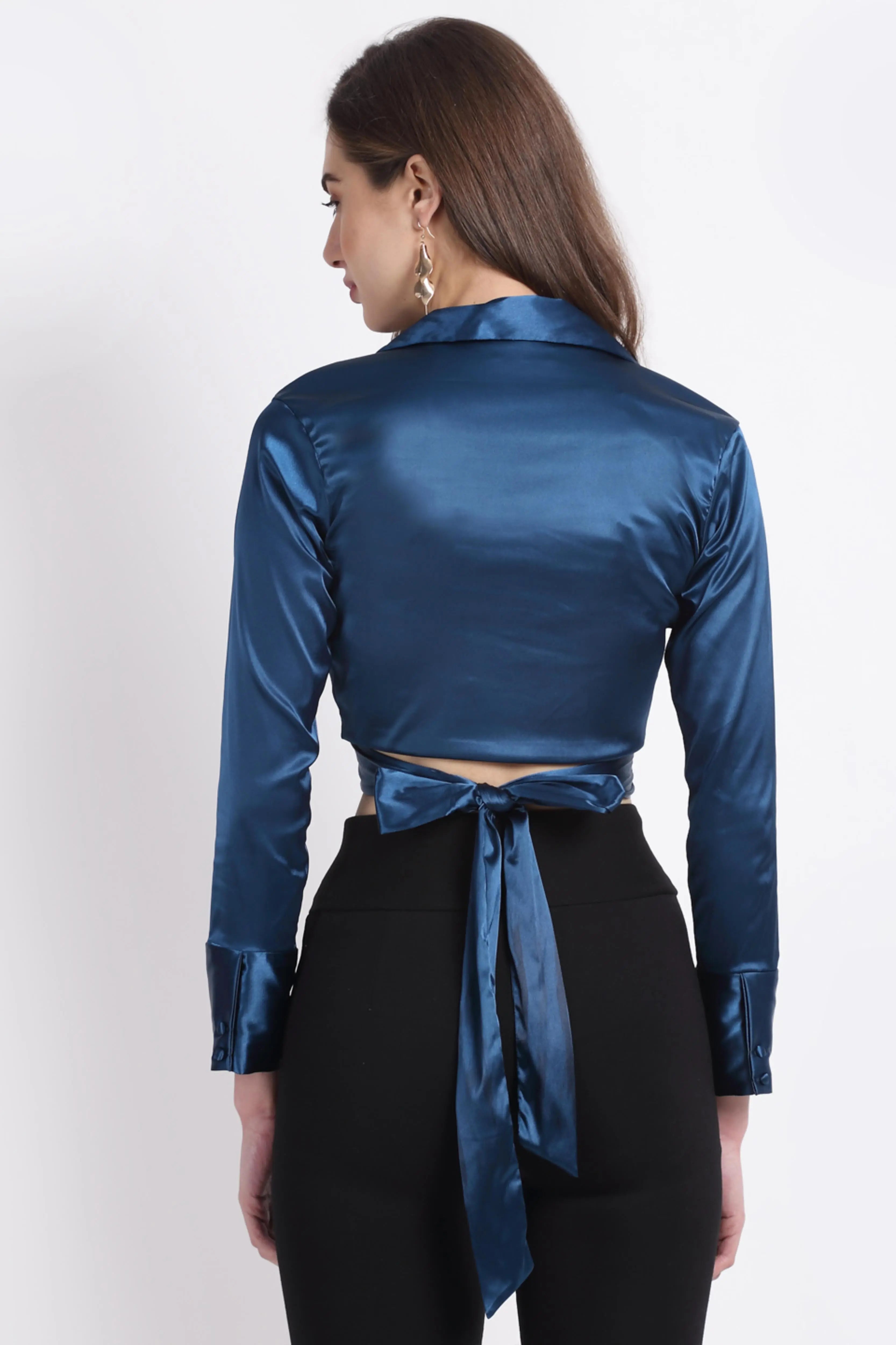 Blue Satin Notch Neck Top - Global Republic