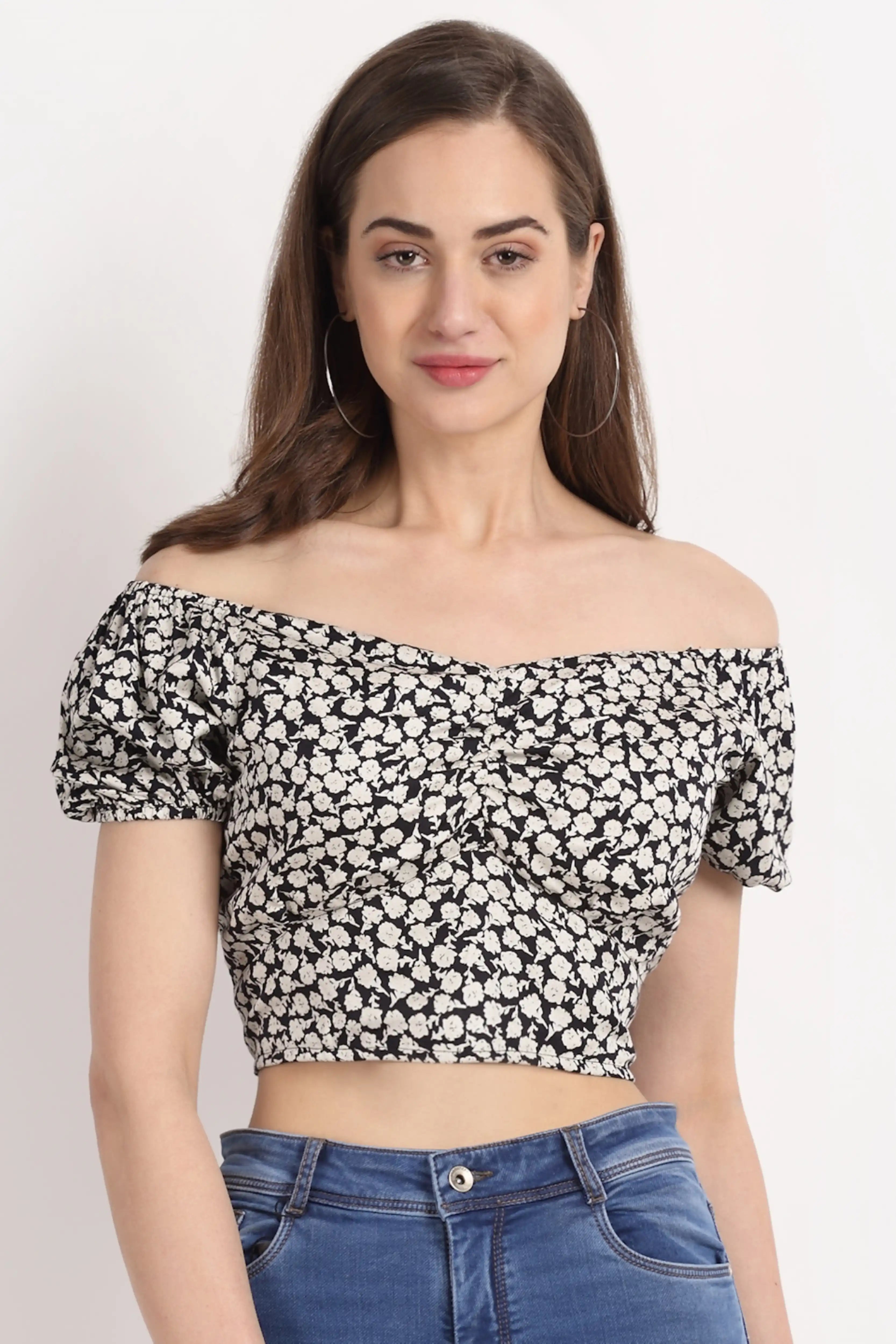 Off Shoulder Rayon Cropped Blouson Top