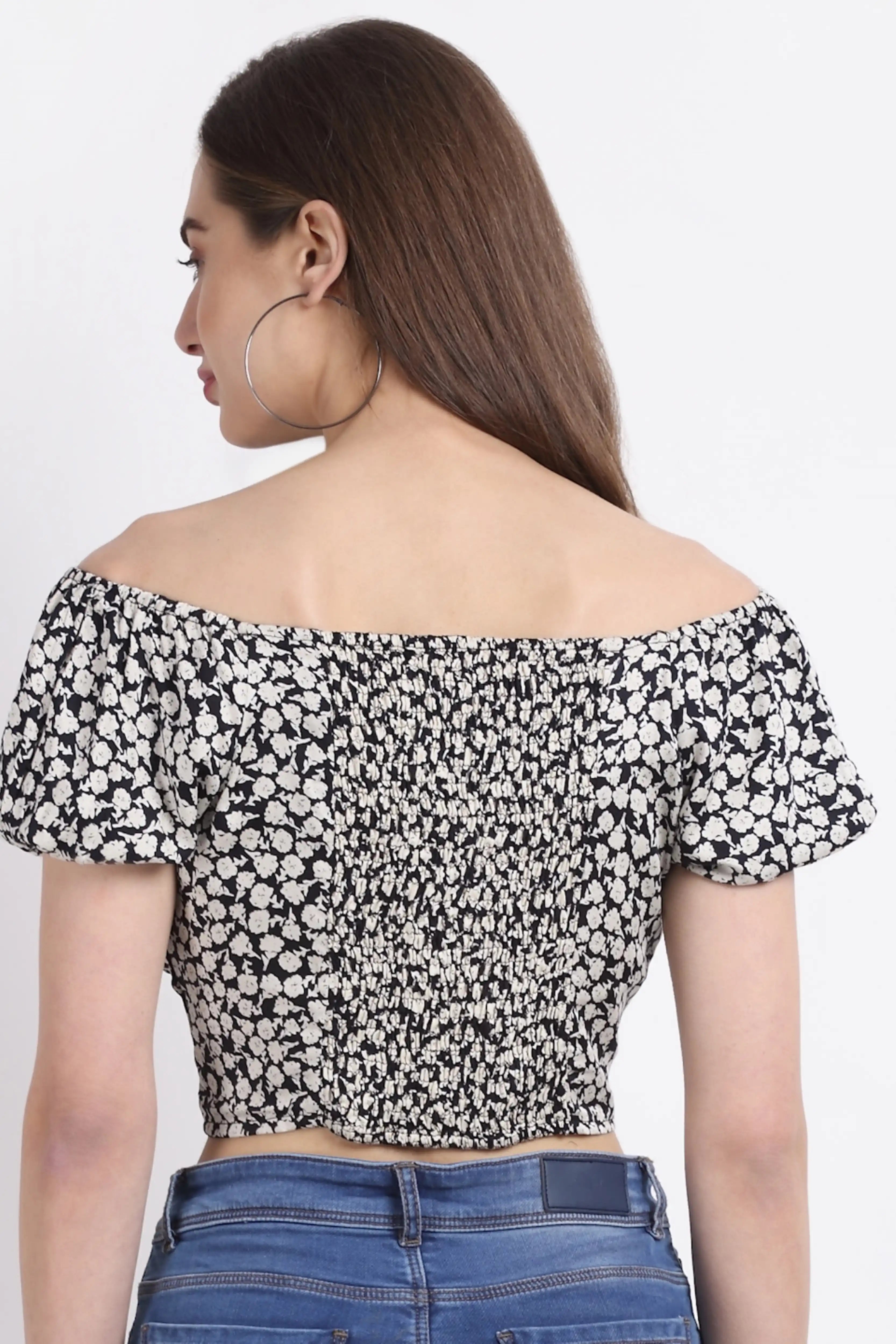 Off Shoulder Rayon Cropped Blouson Top