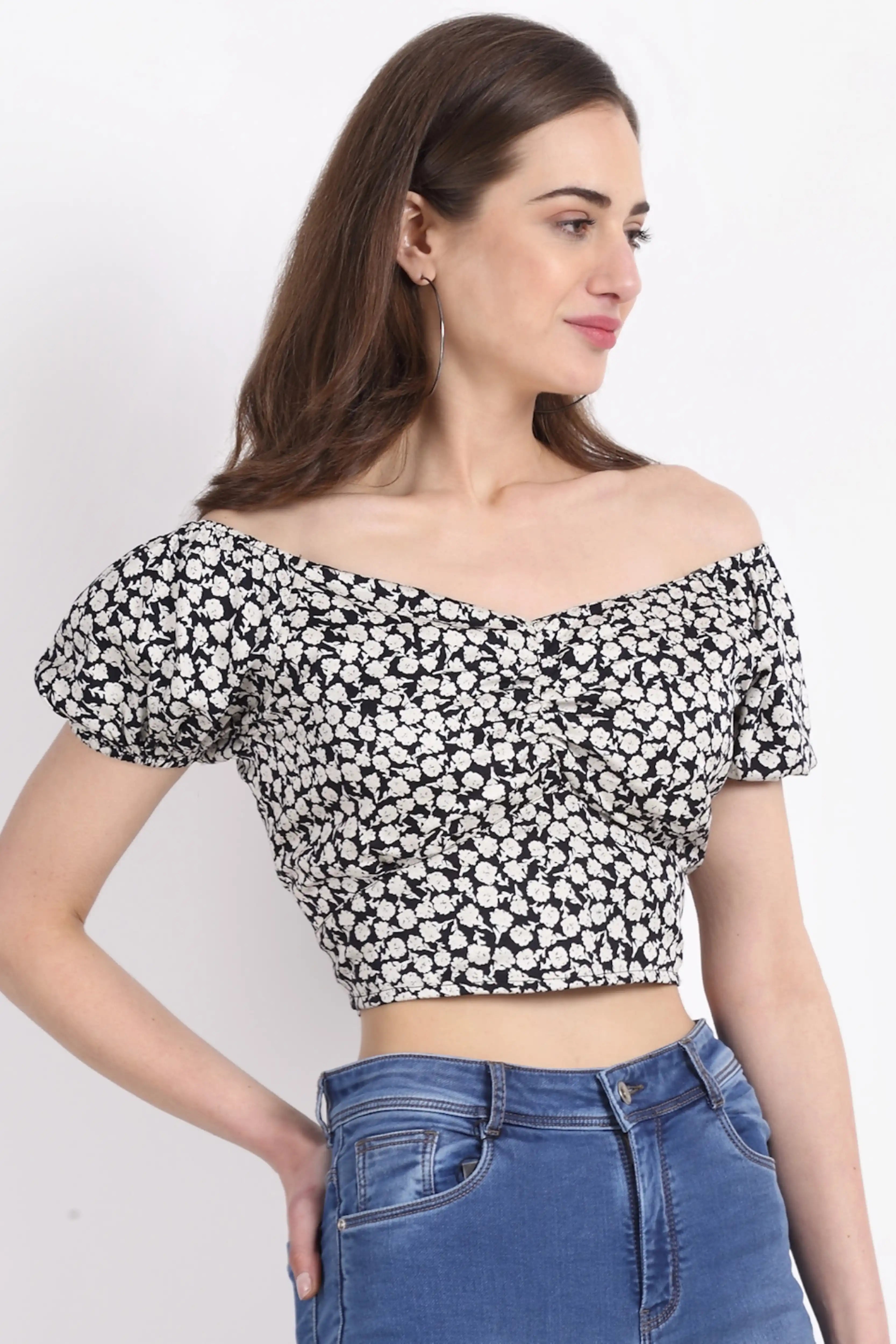 Off Shoulder Rayon Cropped Blouson Top