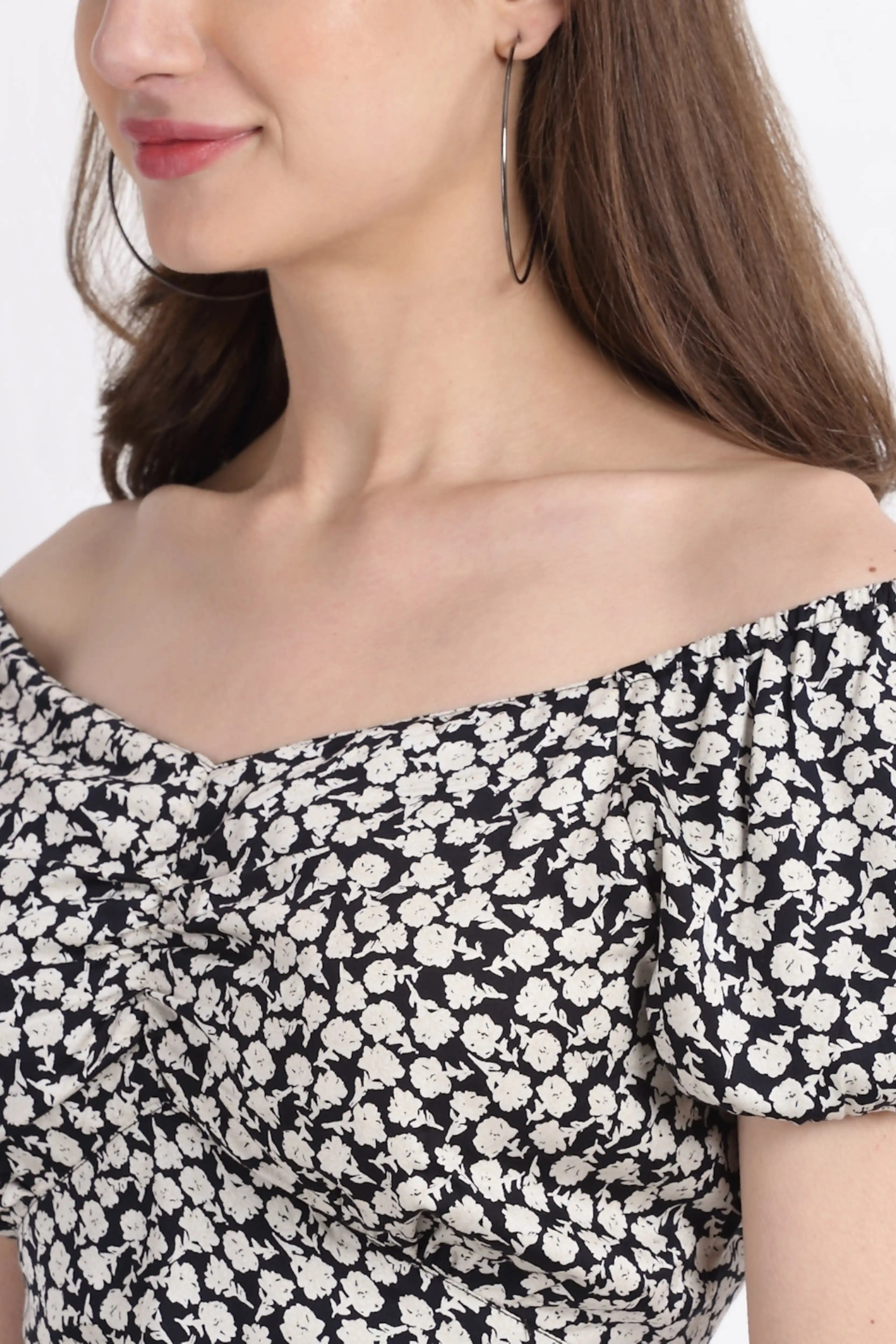 Off Shoulder Rayon Cropped Blouson Top