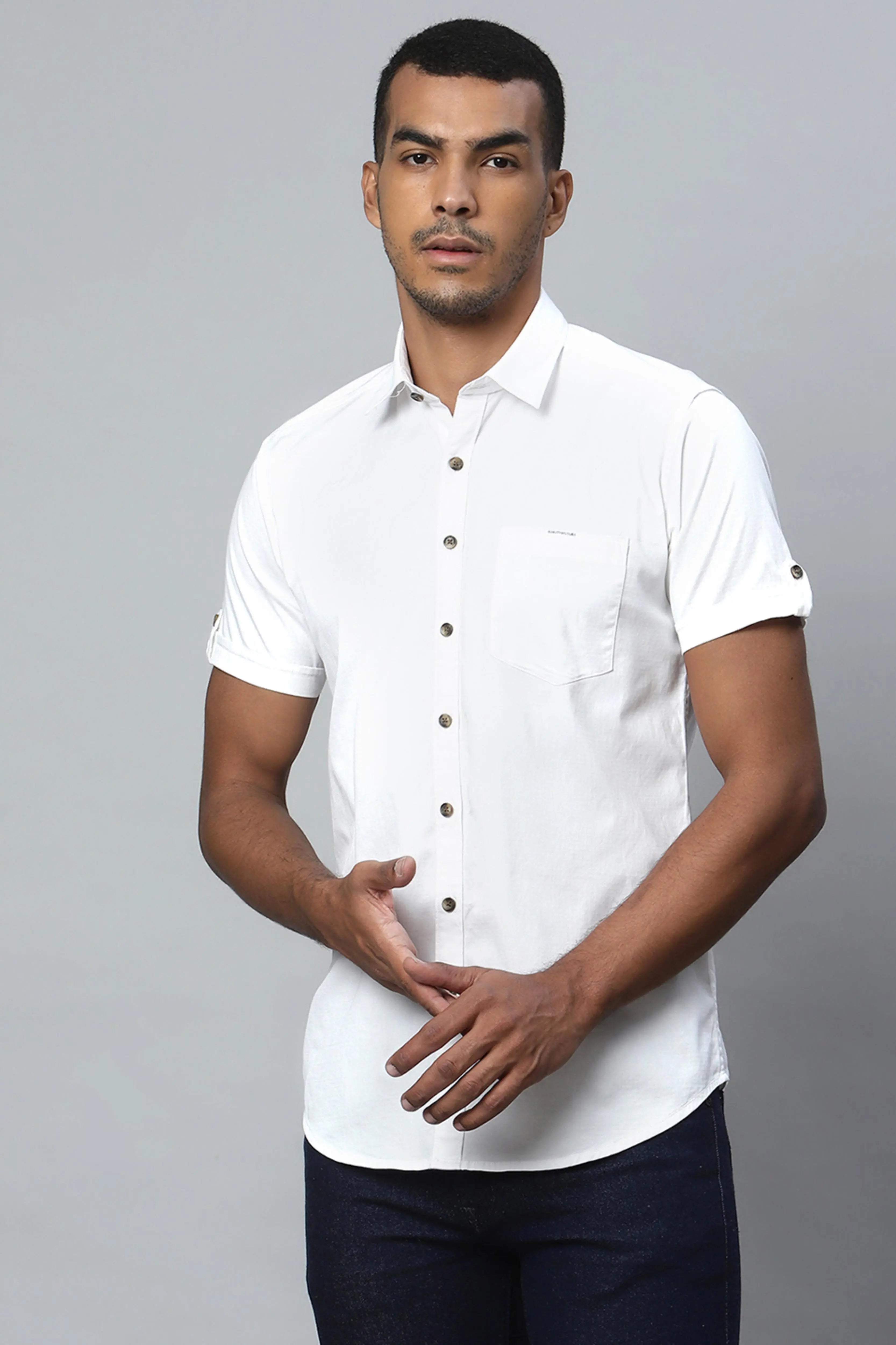 Men White Half Sleeve Casual Plain Shirt - Global Republic