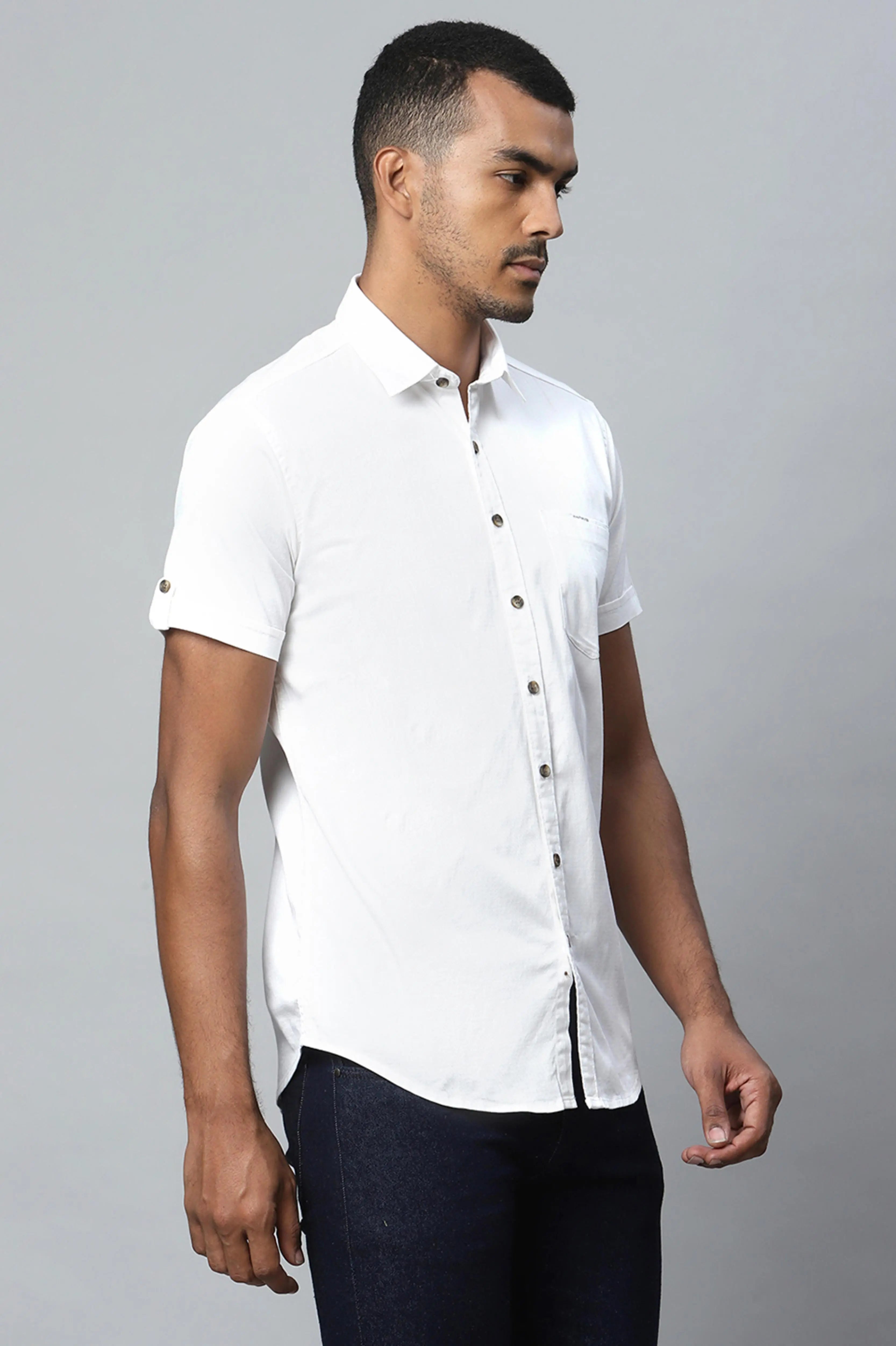 Men White Half Sleeve Casual Plain Shirt - Global Republic
