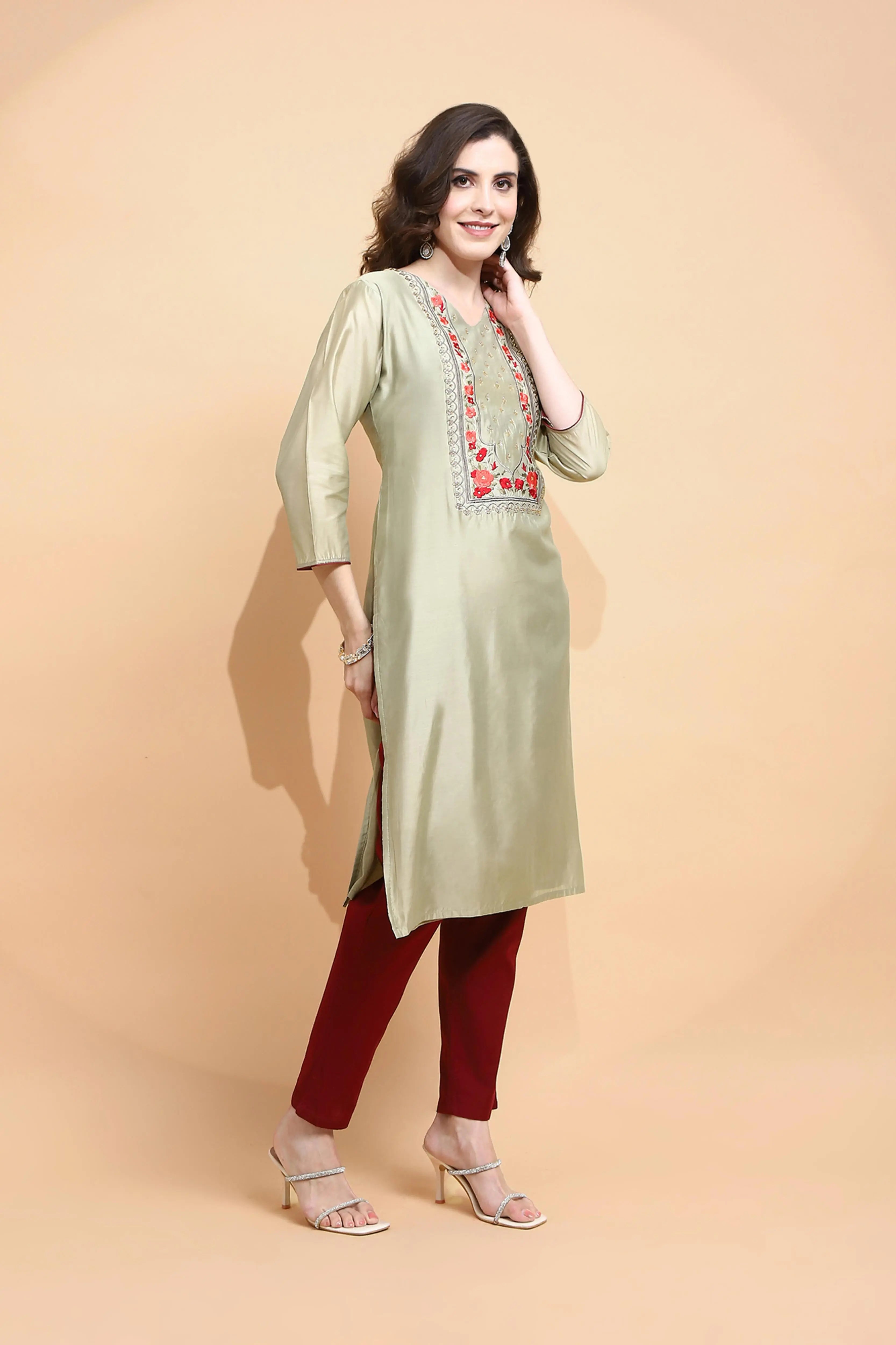 Green Embroidered Chanderi Kurta - Global Republic