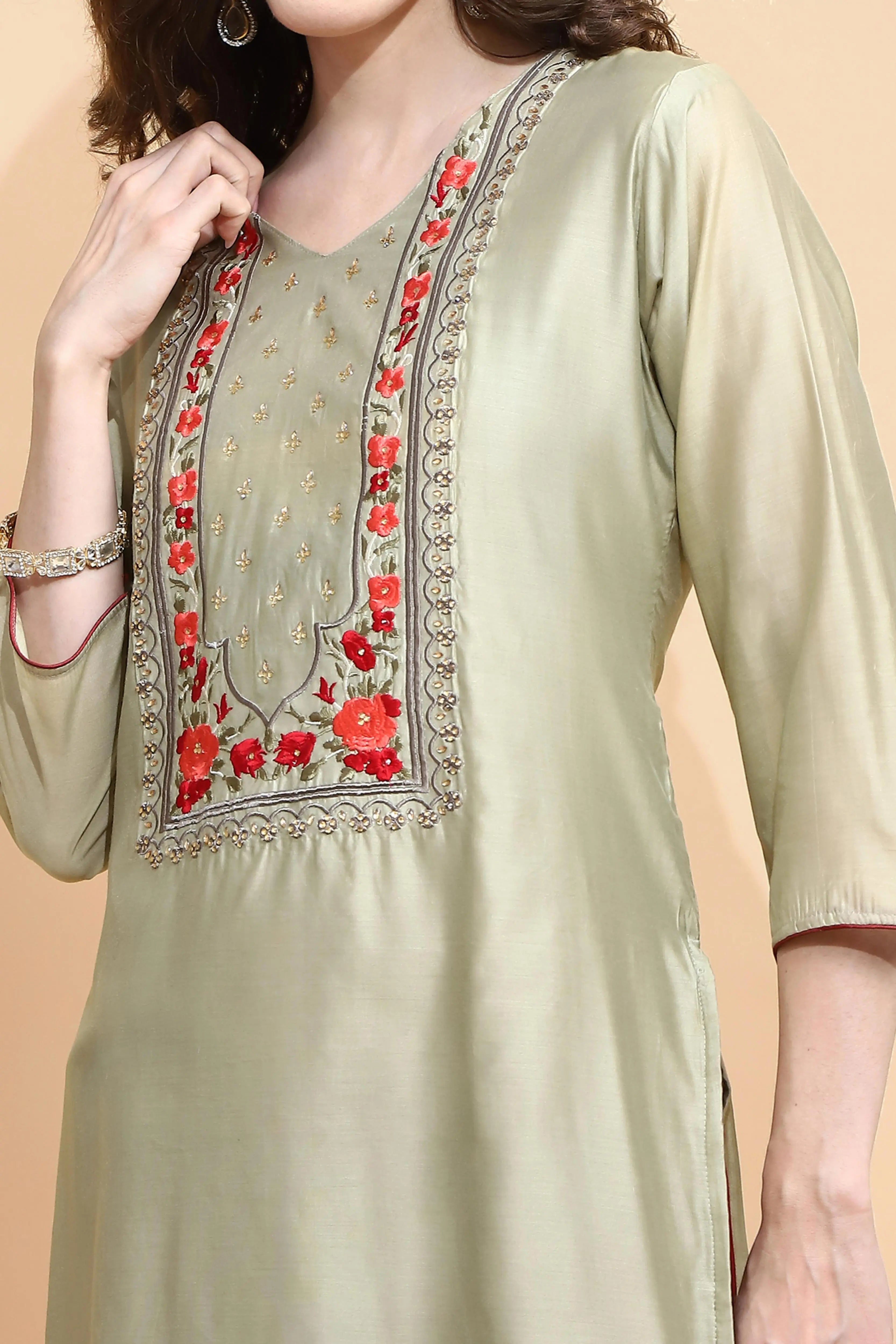 Green Embroidered Chanderi Kurta - Global Republic