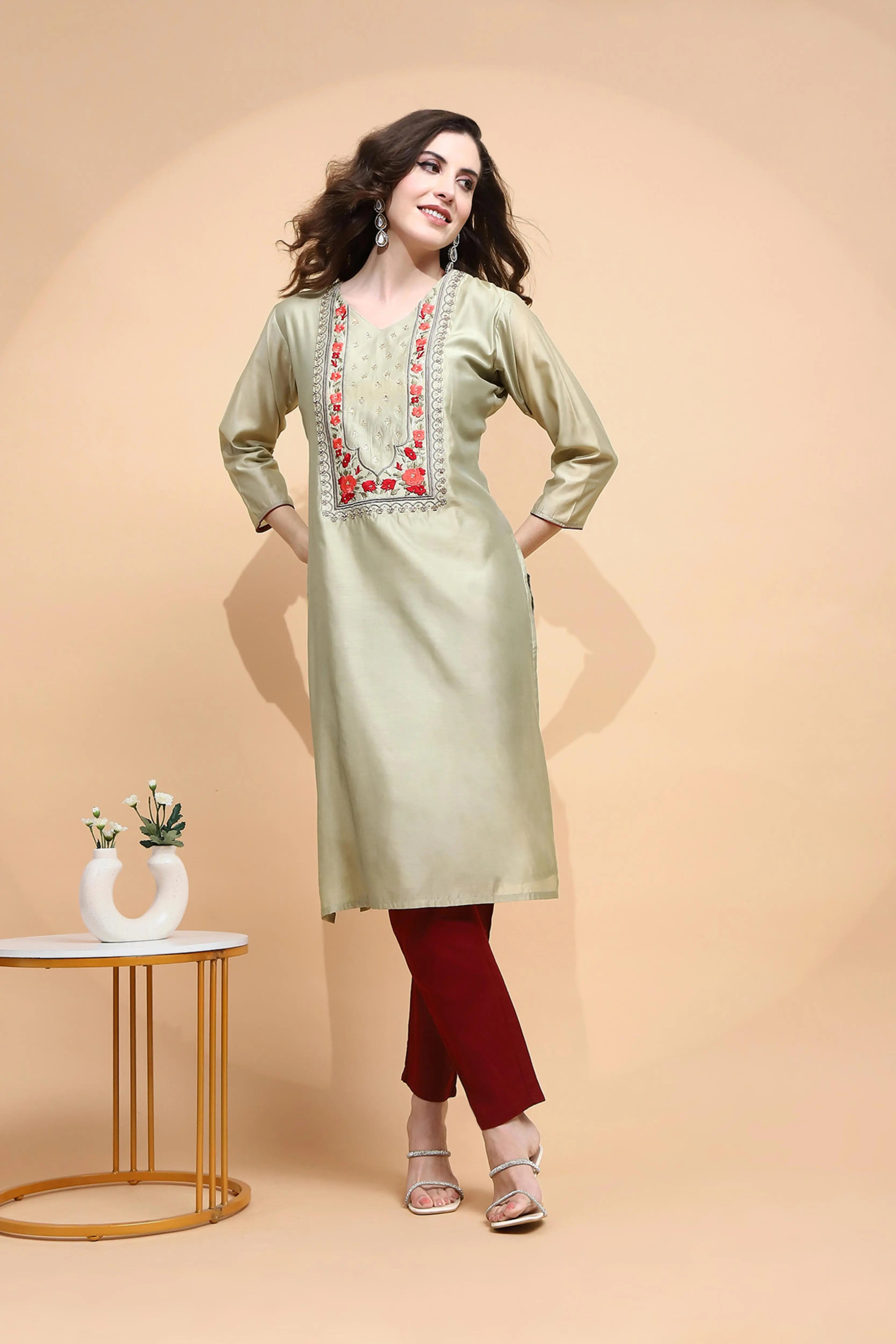 Green Embroidered Chanderi Kurta