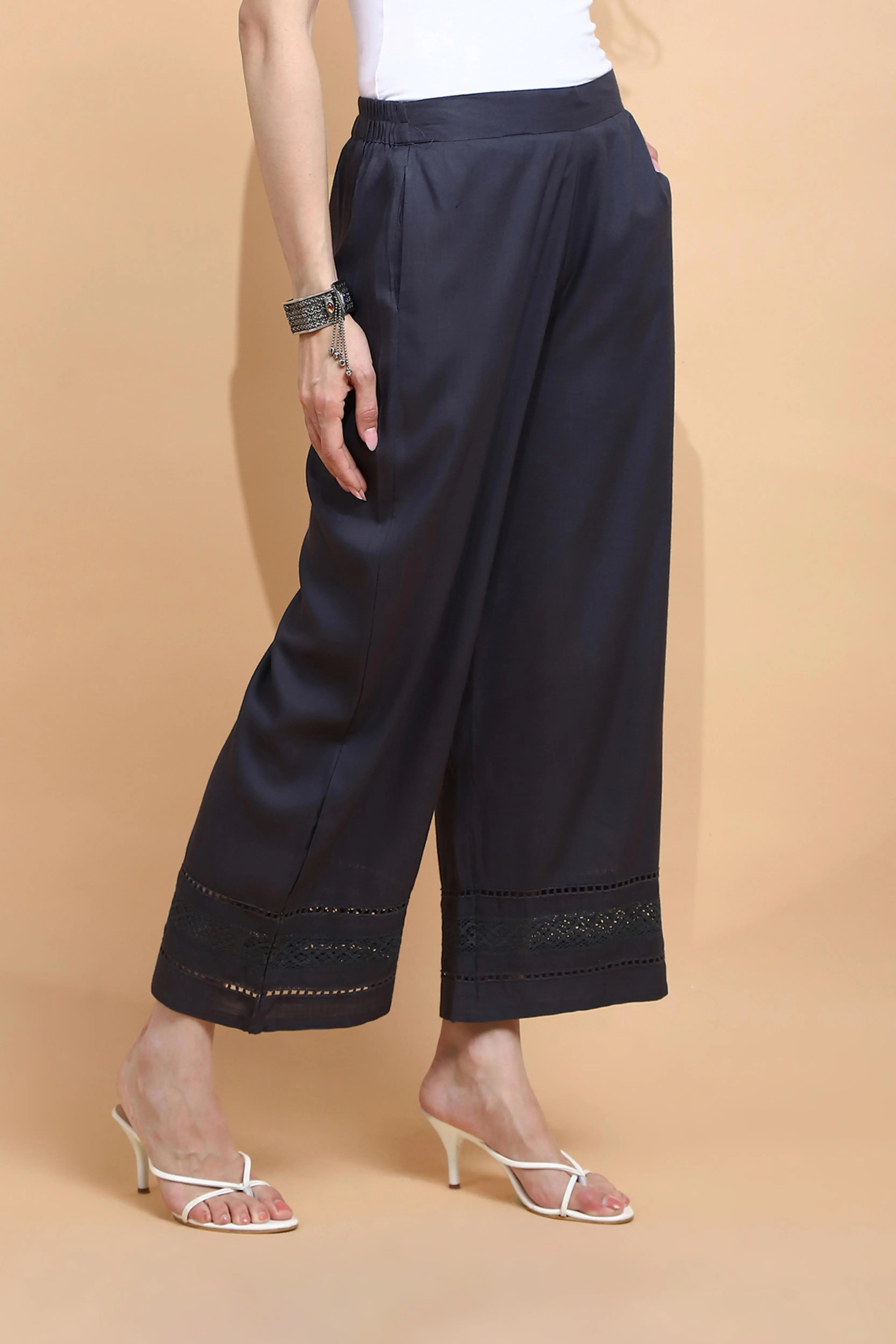 Grey Rayon Blend Loose Fit Palazzo - Global Republic