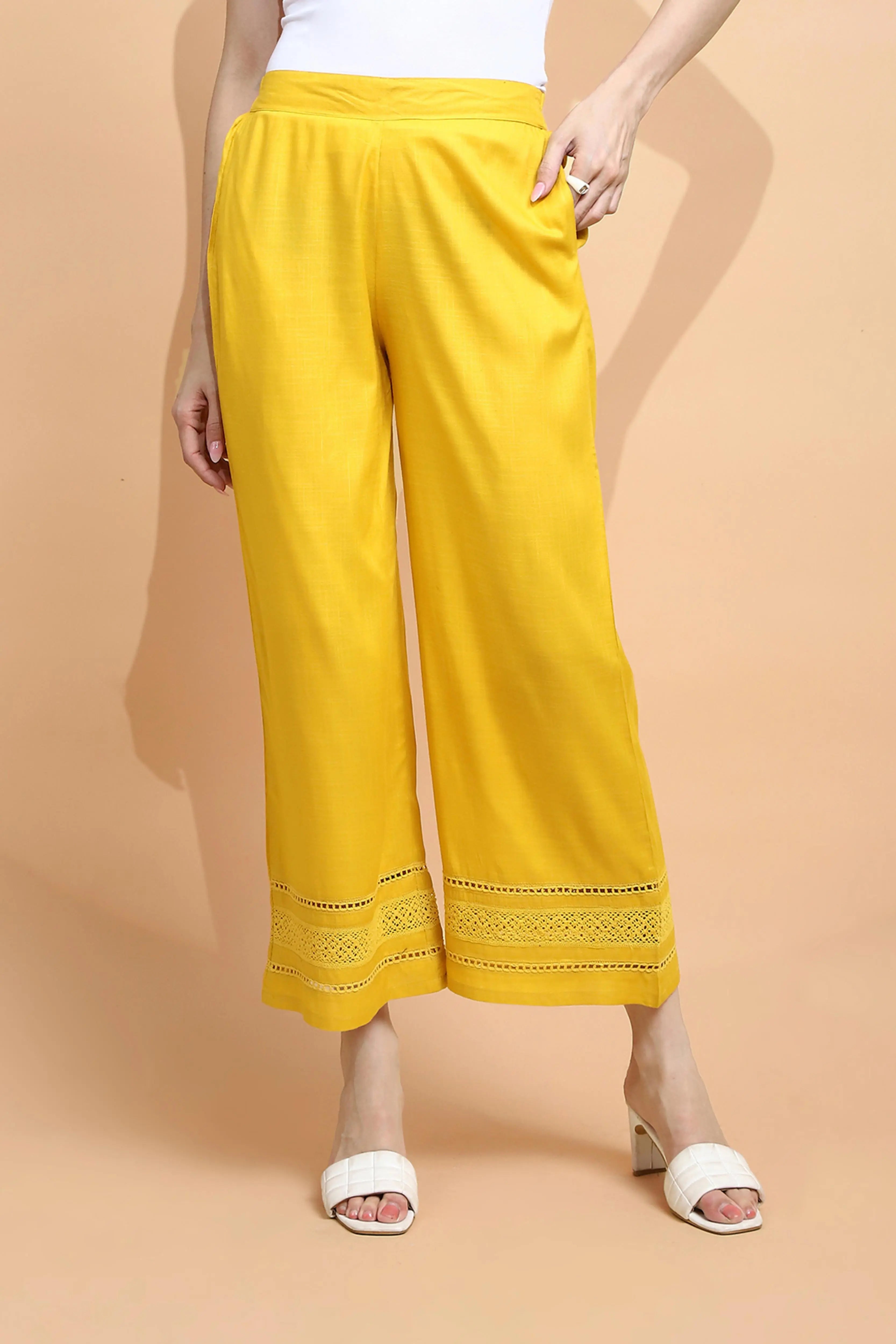 Mustard Rayon Blend Loose Palazzo - Global Republic