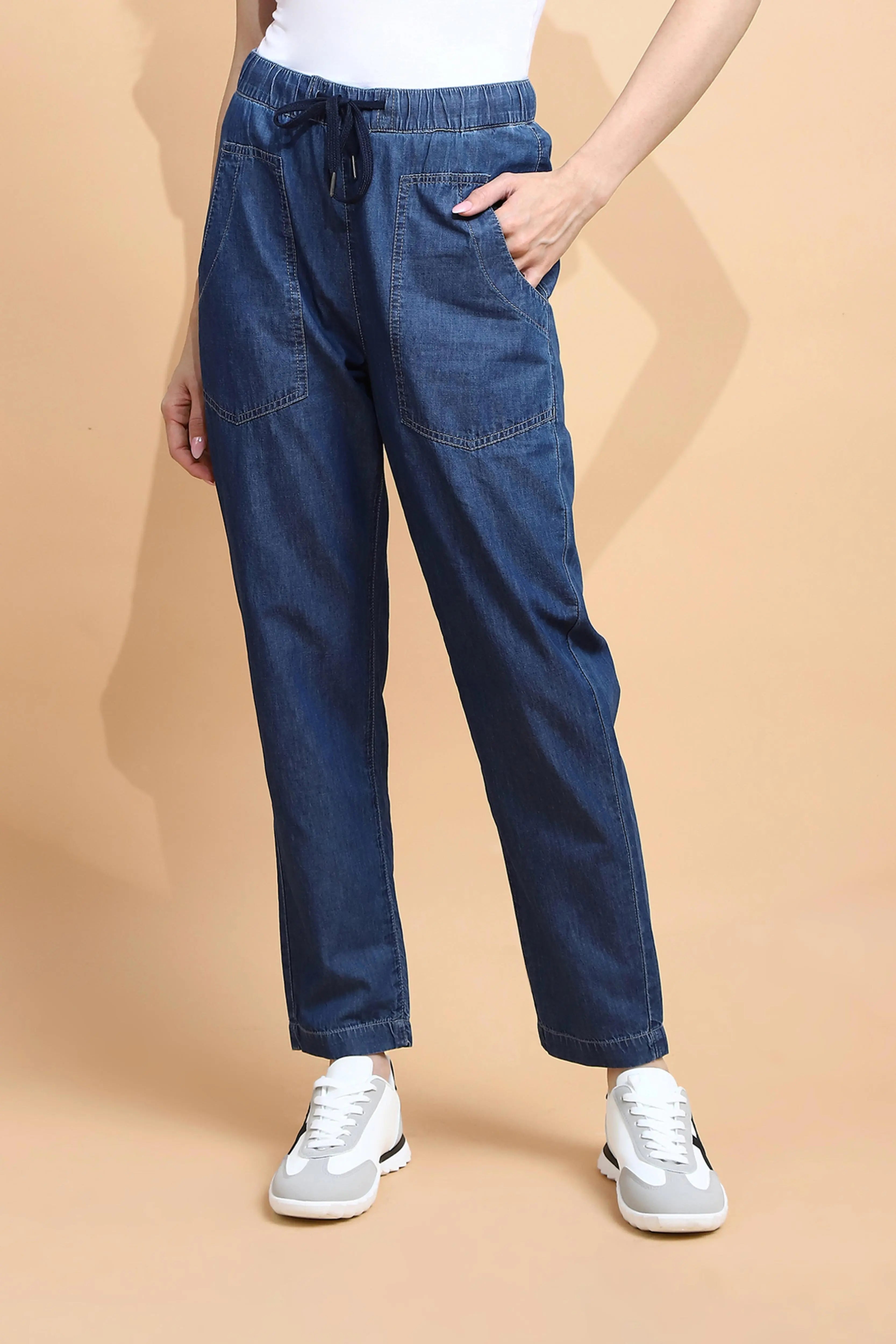 Blue Cotton Blend Loose Fit Lower - Global Republic