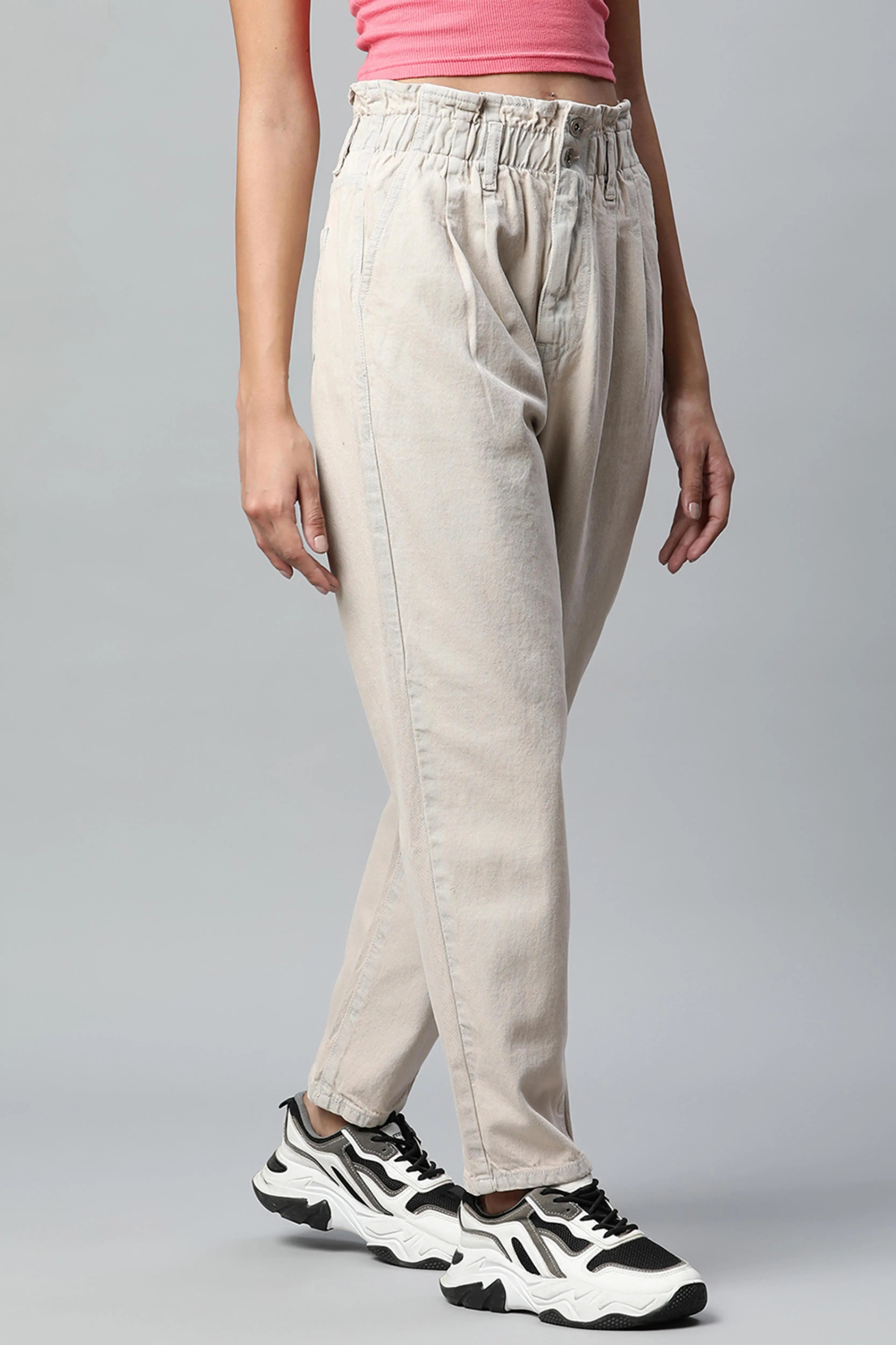 Women Tapered Full Length Beige Paper Waist Jeans - Global Republic