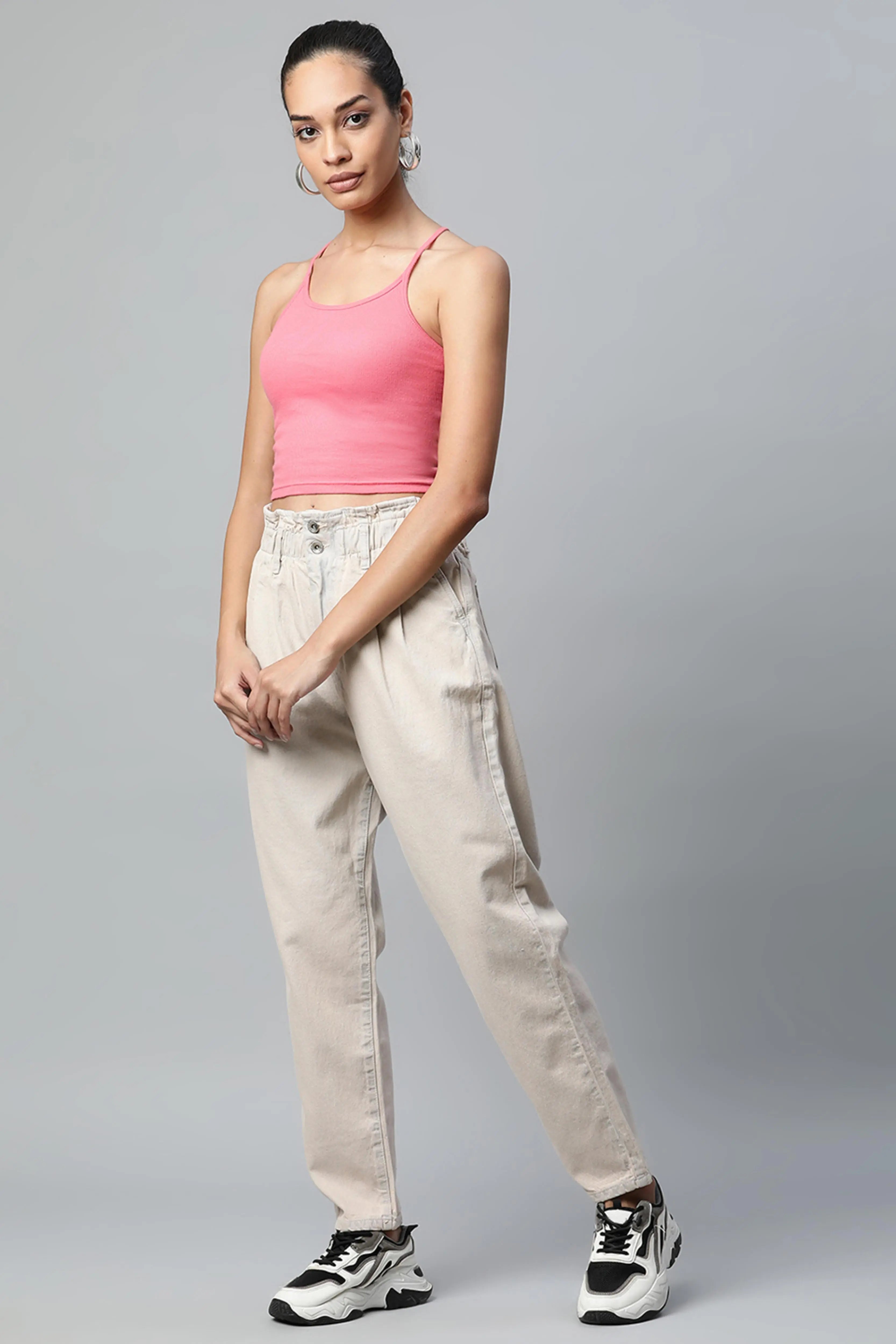 Women Tapered Full Length Beige Paper Waist Jeans - Global Republic