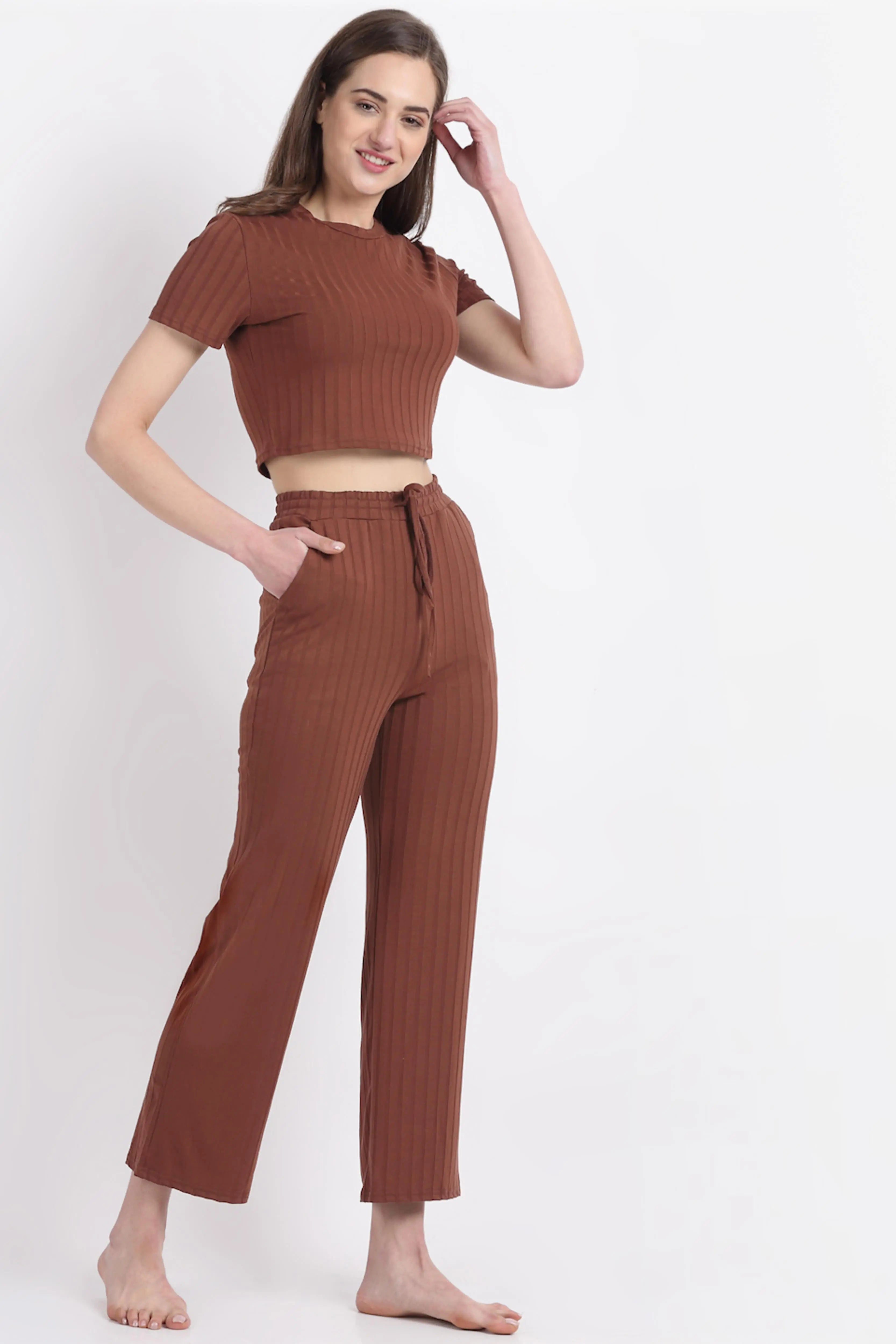 Brown Cotton Solid Nightsuit - Global Republic