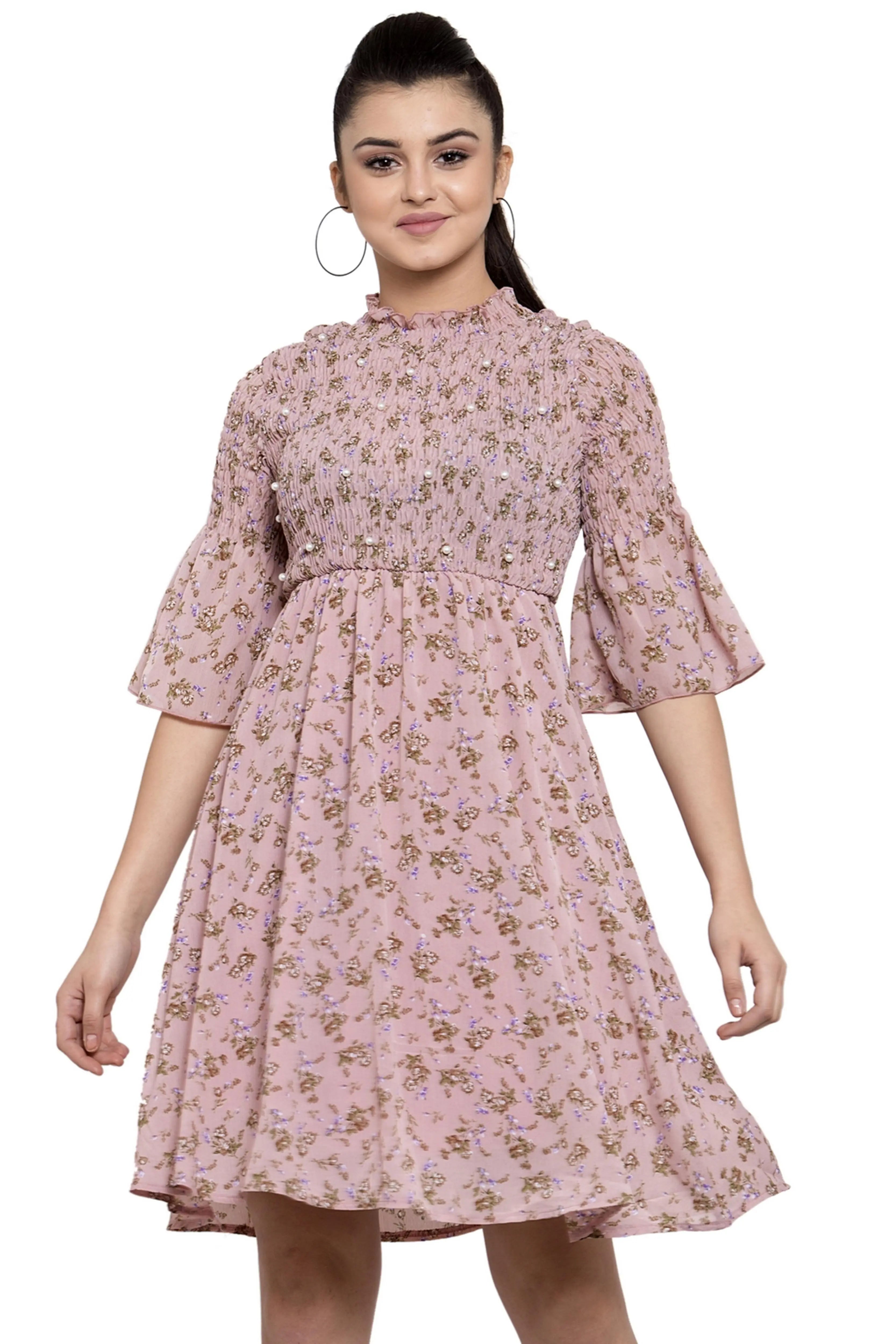 Pink Embellished Georgette Flared Dress