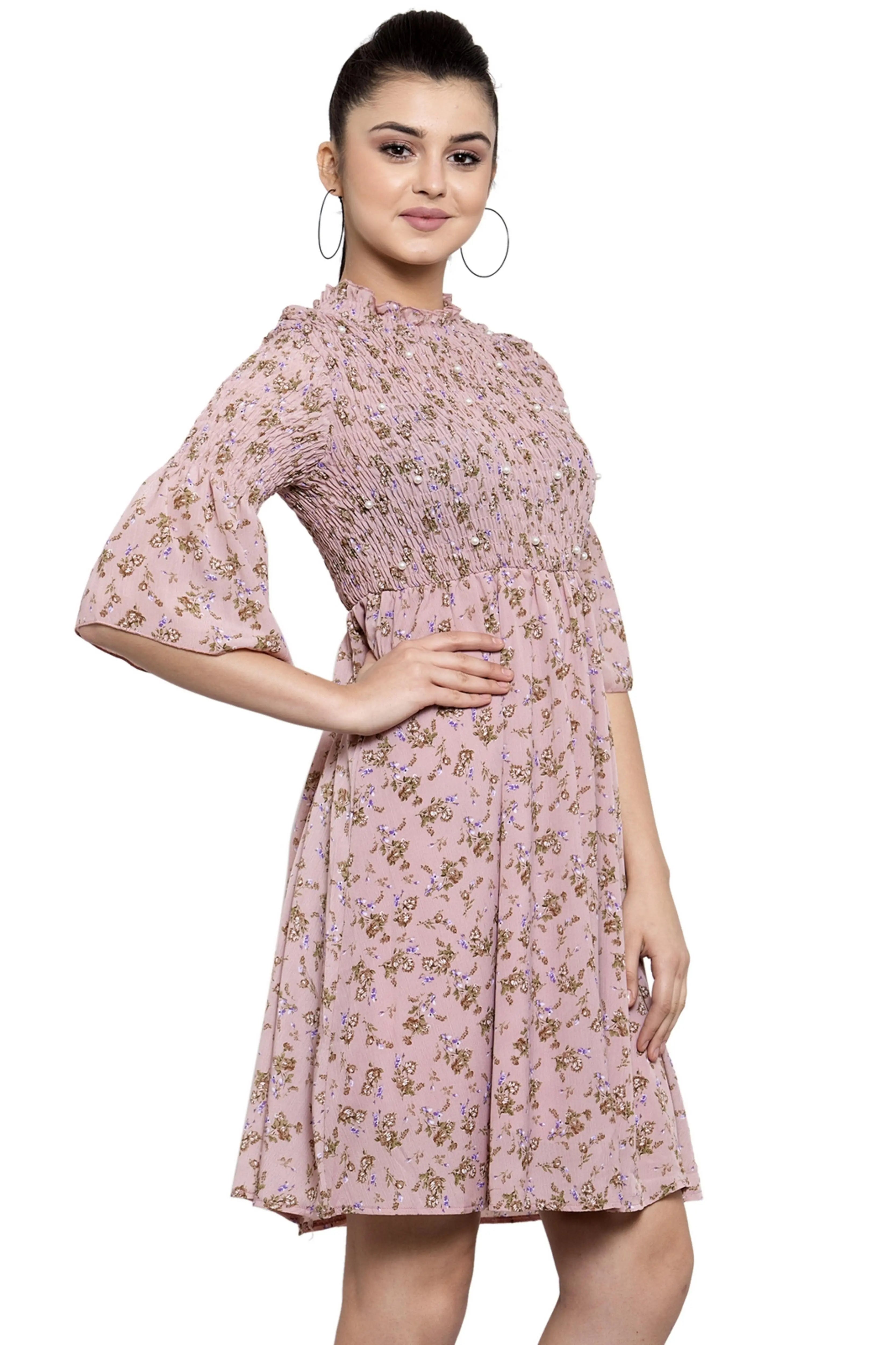 Pink Embellished Georgette Flared Dress