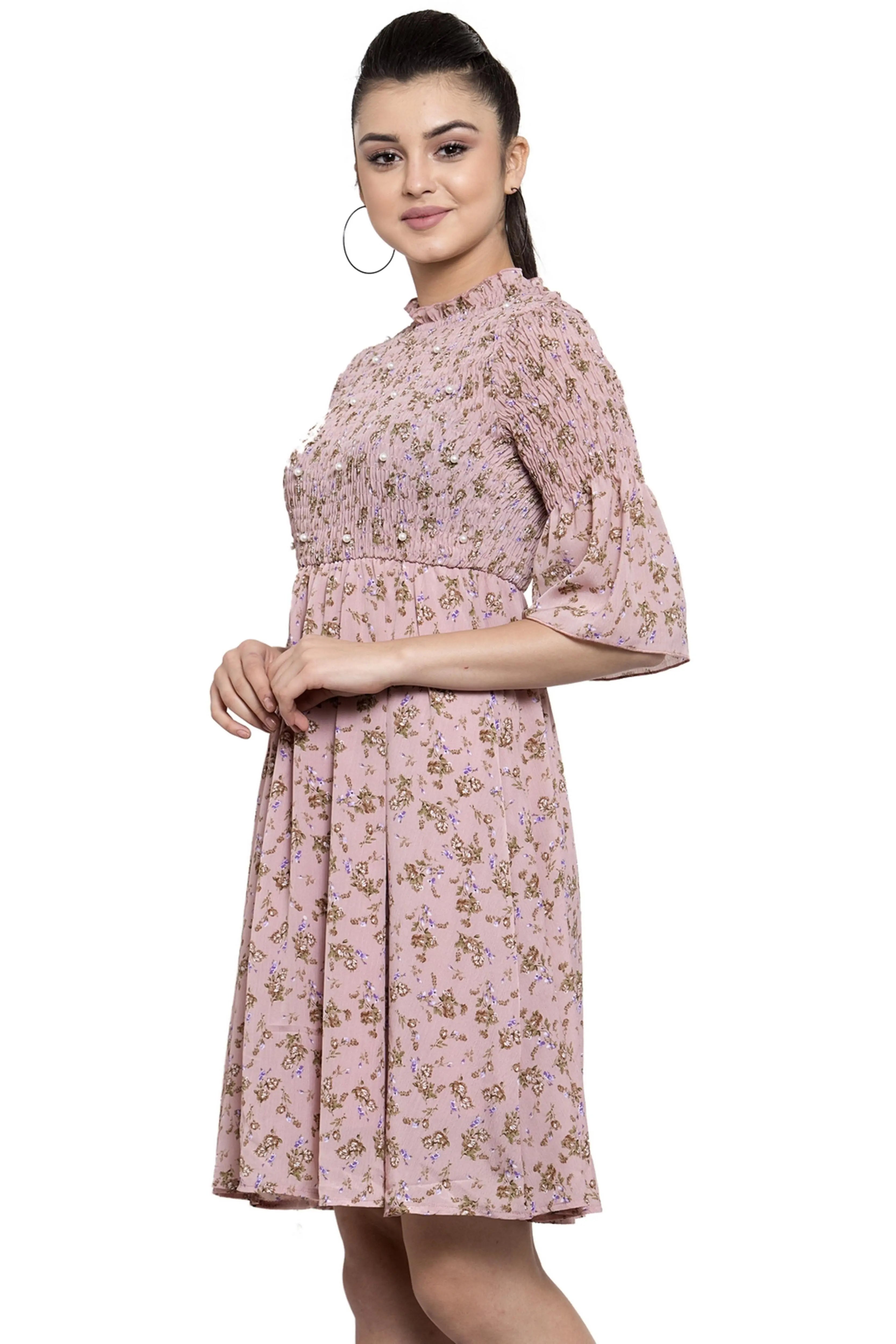 Pink Embellished Georgette Flared Dress