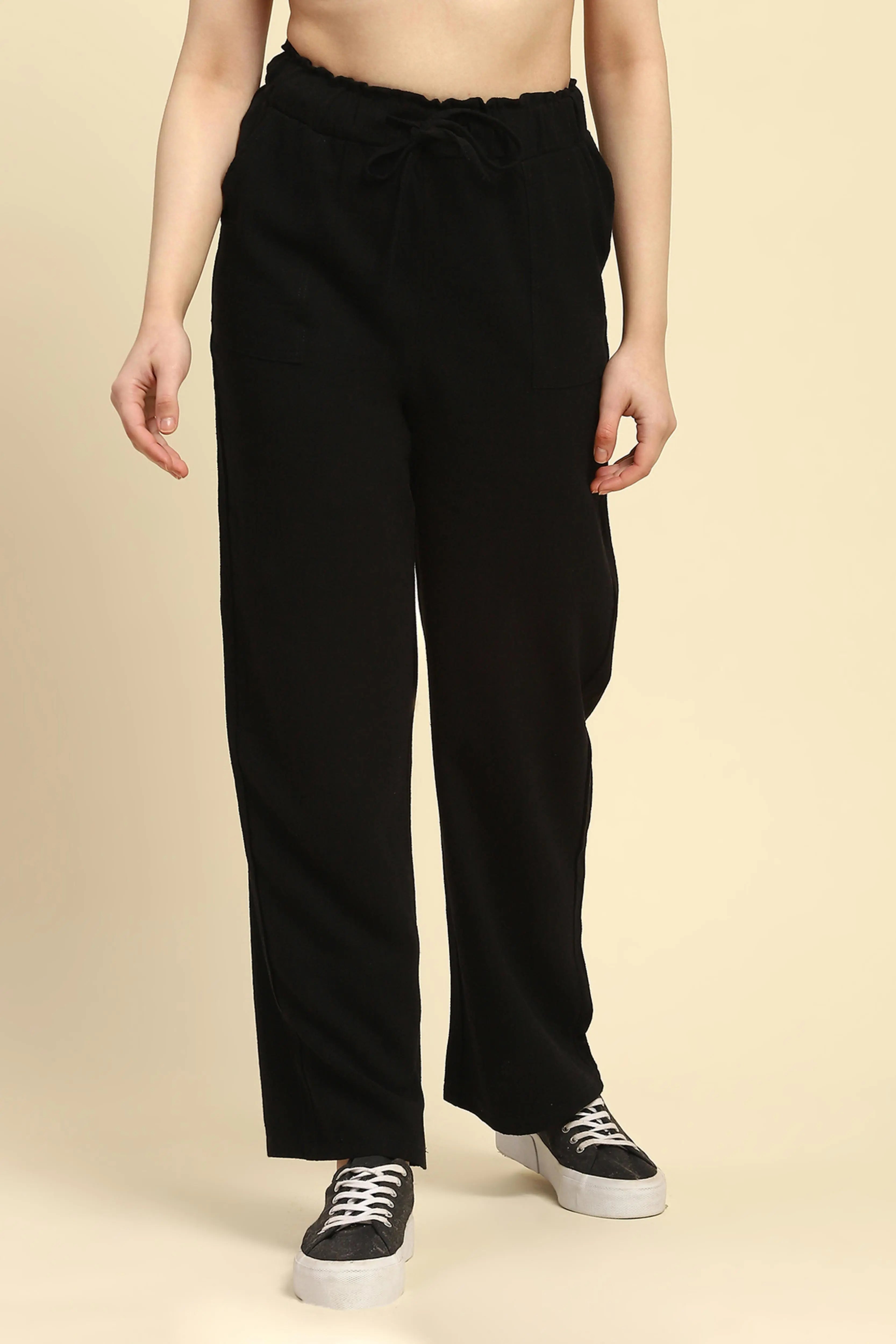 Black Solid Cotton Linen Relaxed Lower