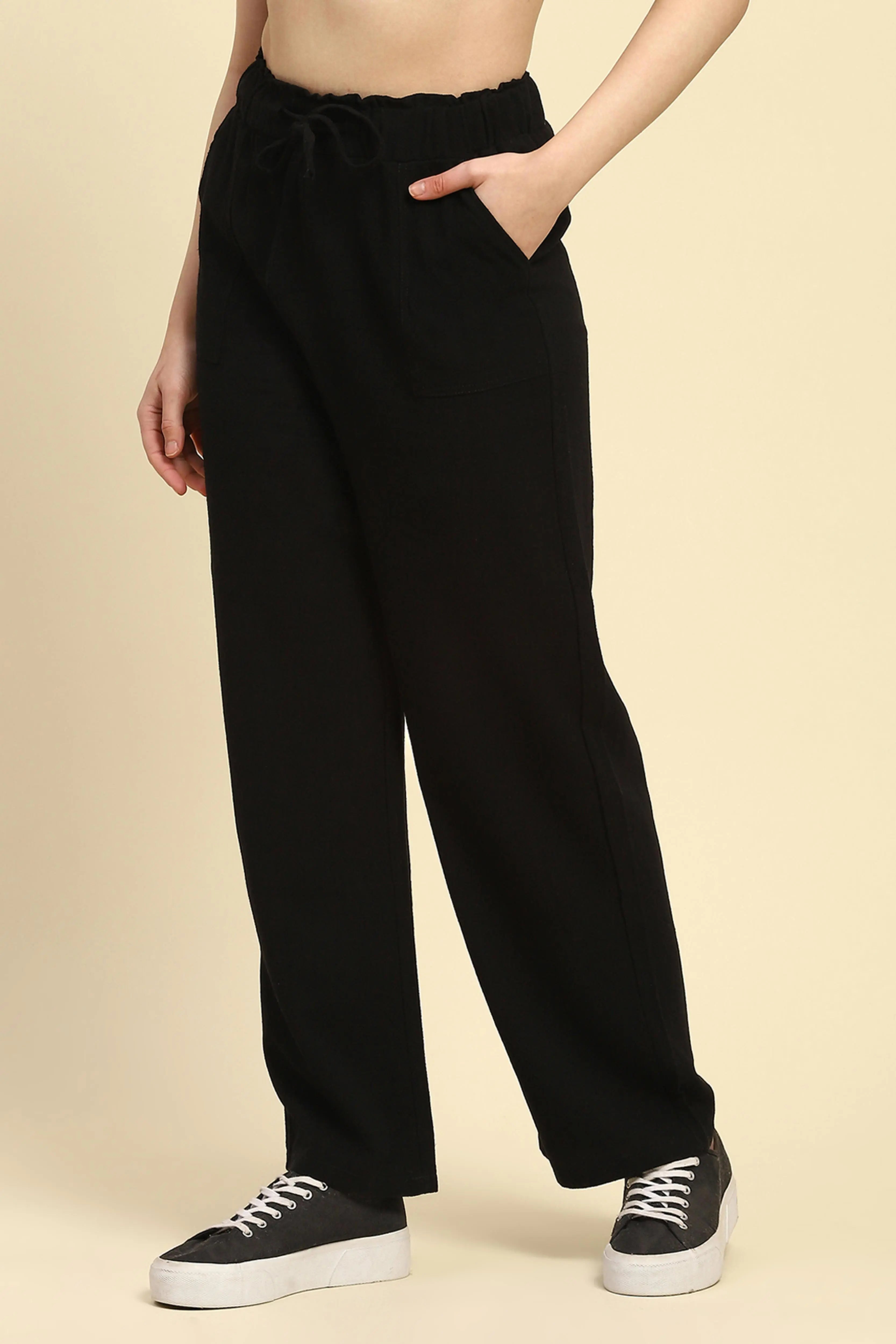 Black Solid Cotton Linen Relaxed Lower