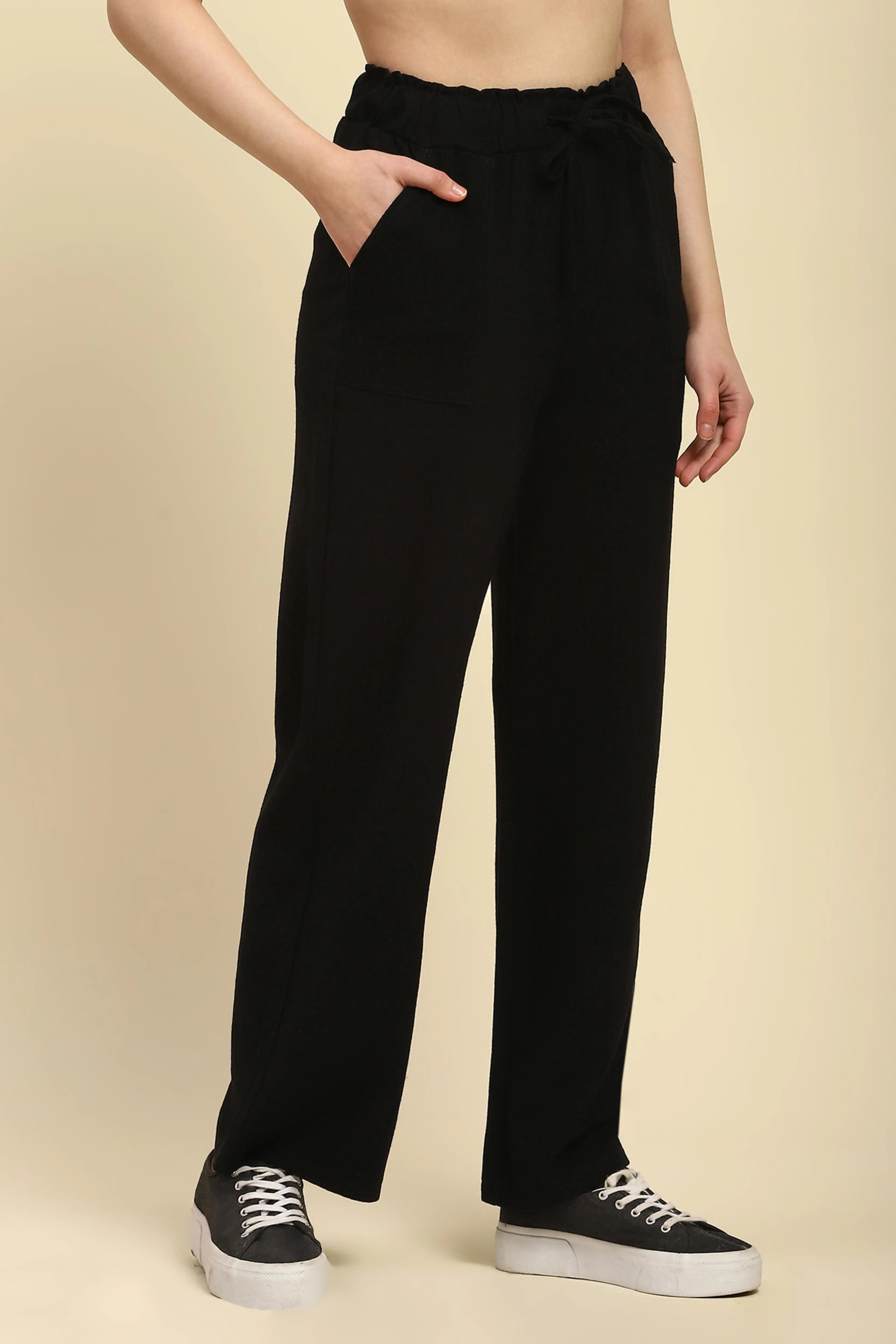Black Solid Cotton Linen Relaxed Lower