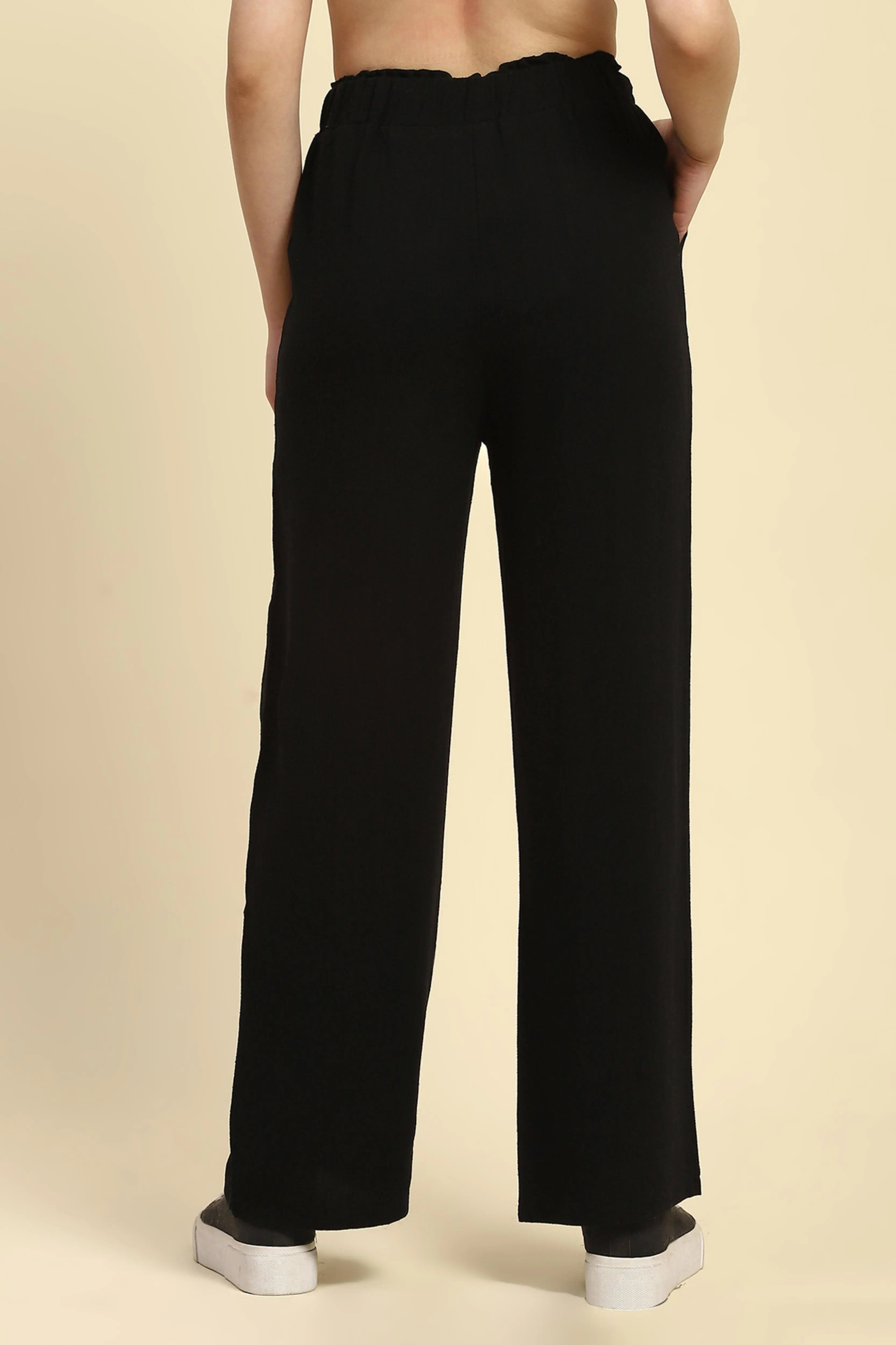 Black Solid Cotton Linen Relaxed Lower