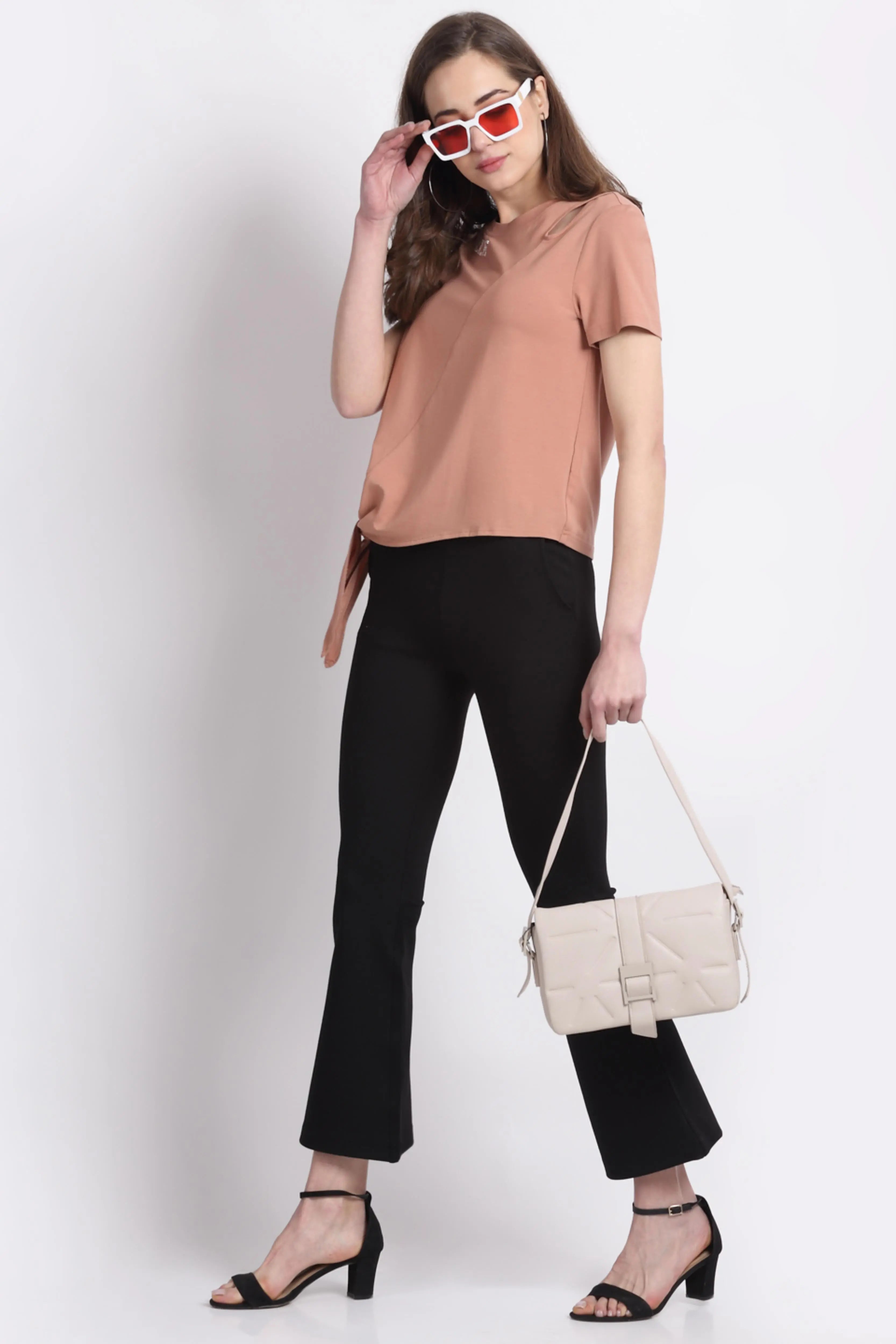 Khakhi Asymetrical Shoulder Knot Top - Global Republic