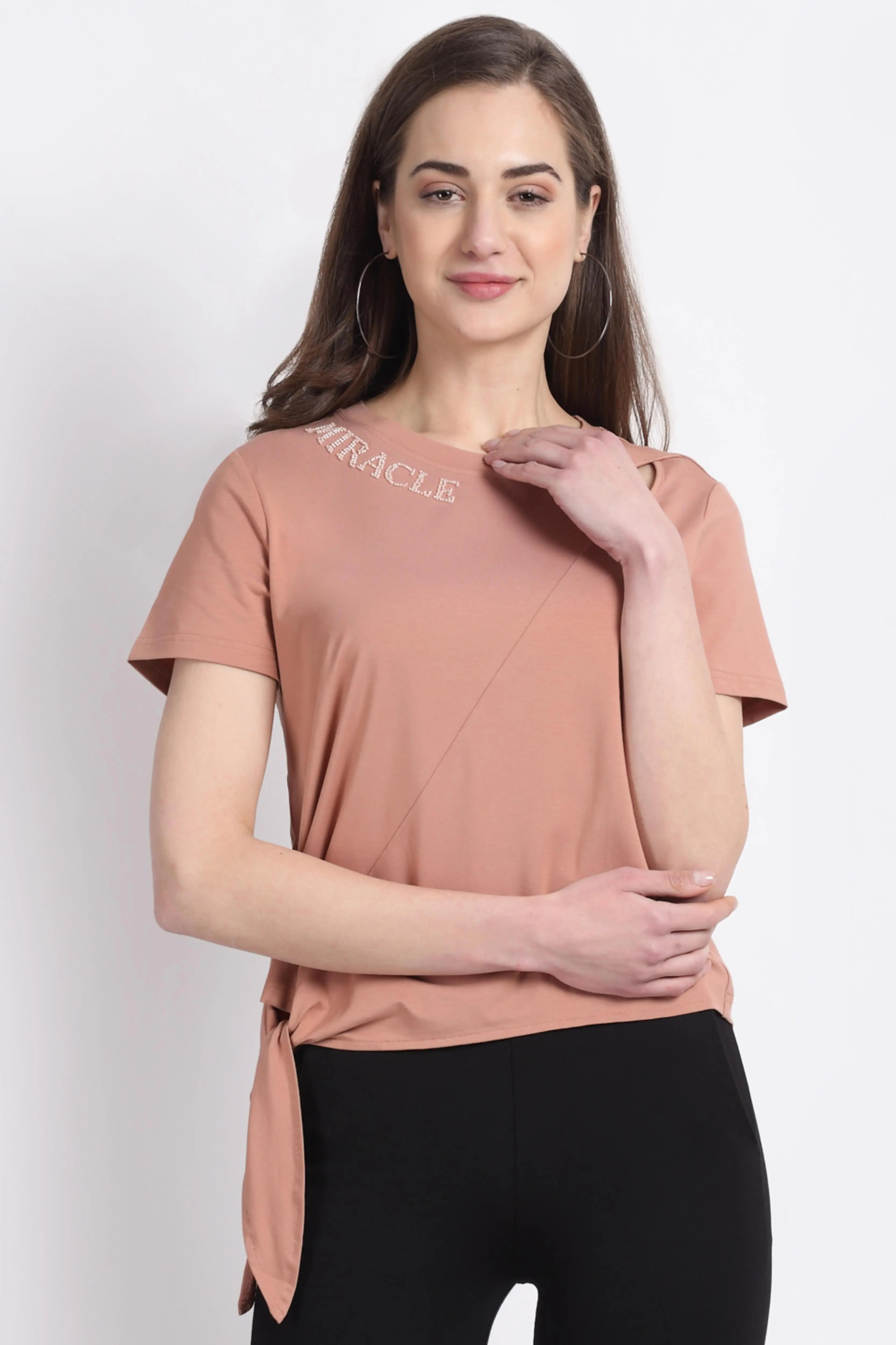 Khakhi Asymetrical Shoulder Knot Top - Global Republic