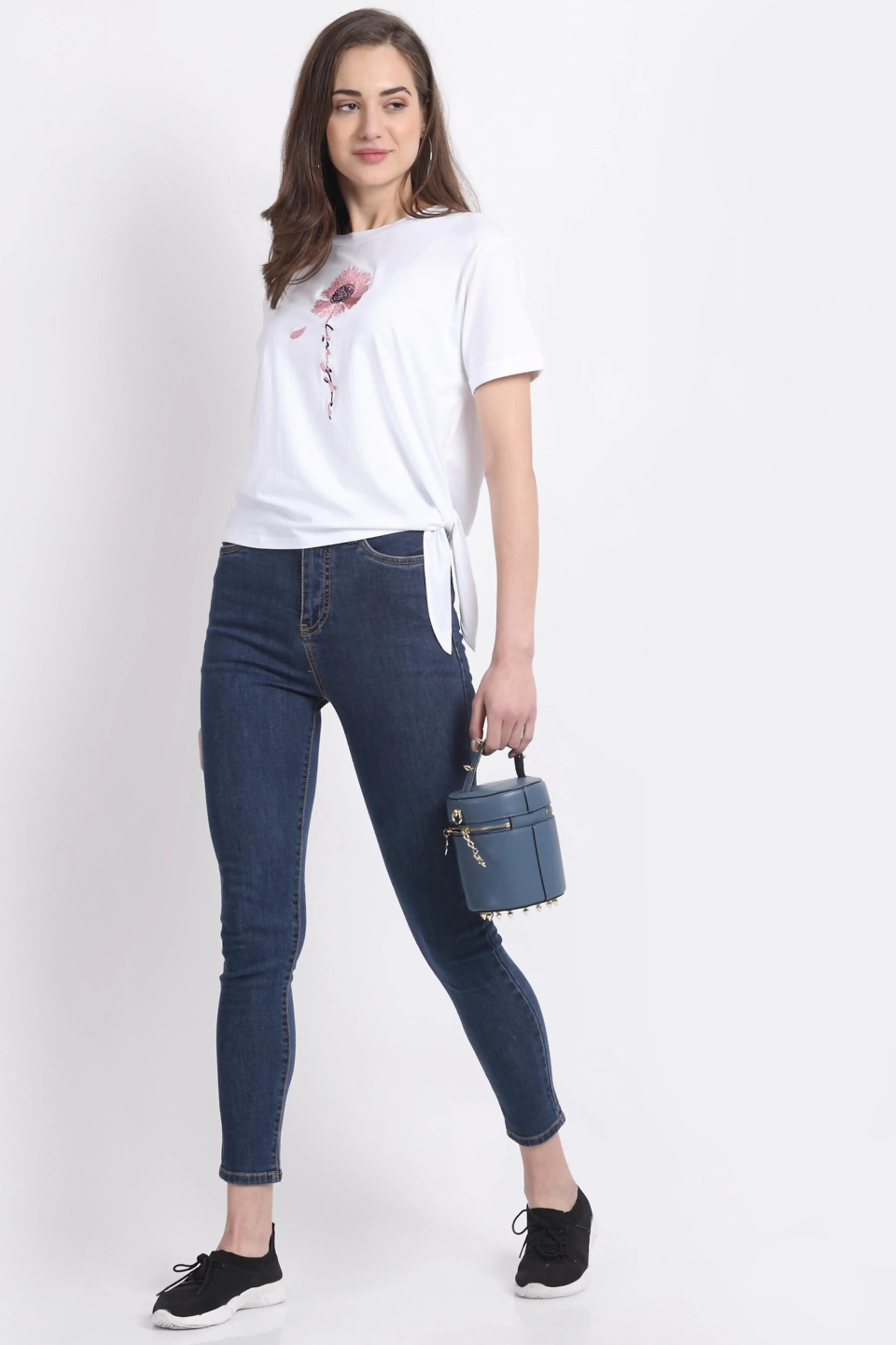 Women White Half Sleeve Crew Neck Solid Top - Global Republic