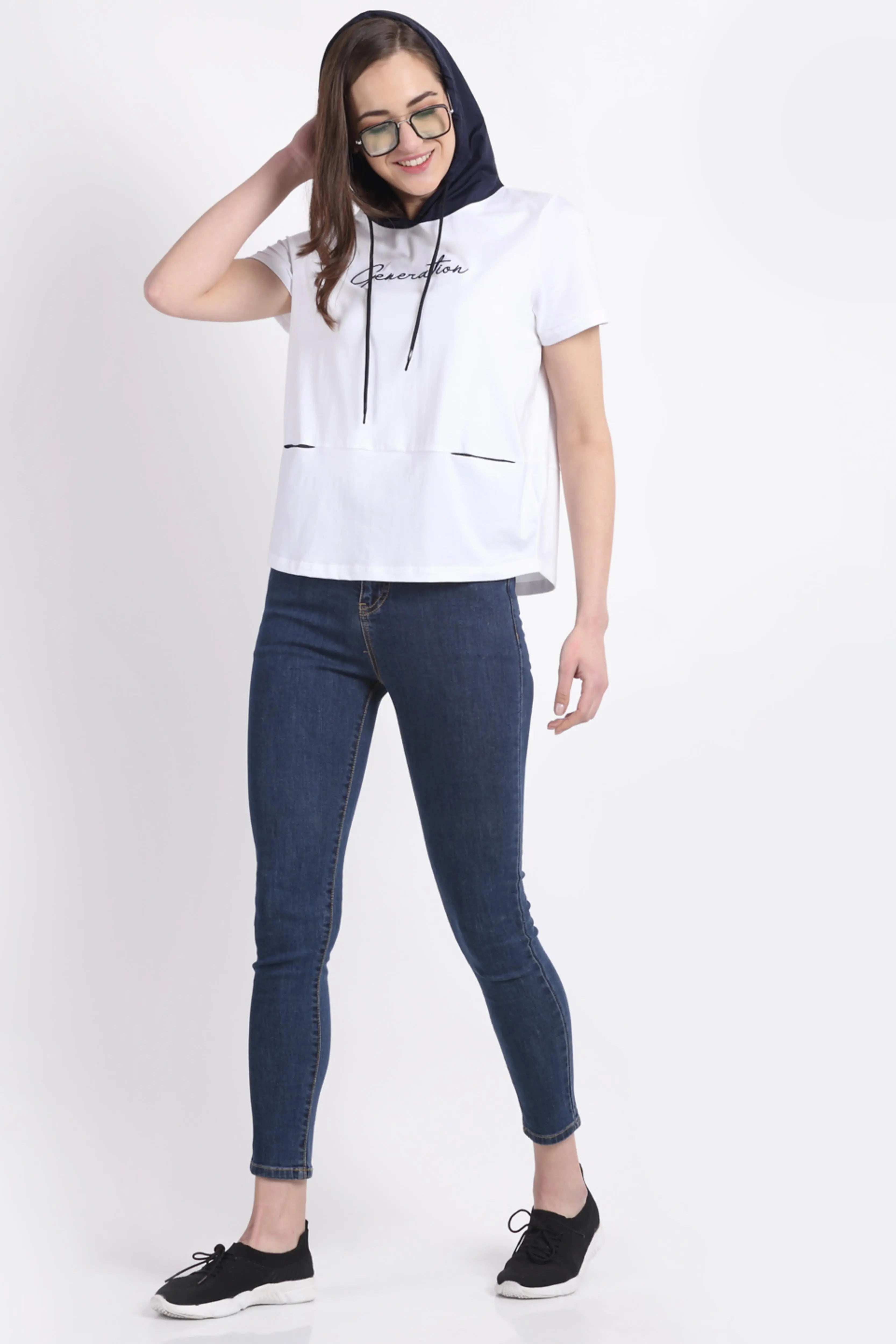 Women Regular-Fit White Cotton Hooded T-Shirt - Global Republic