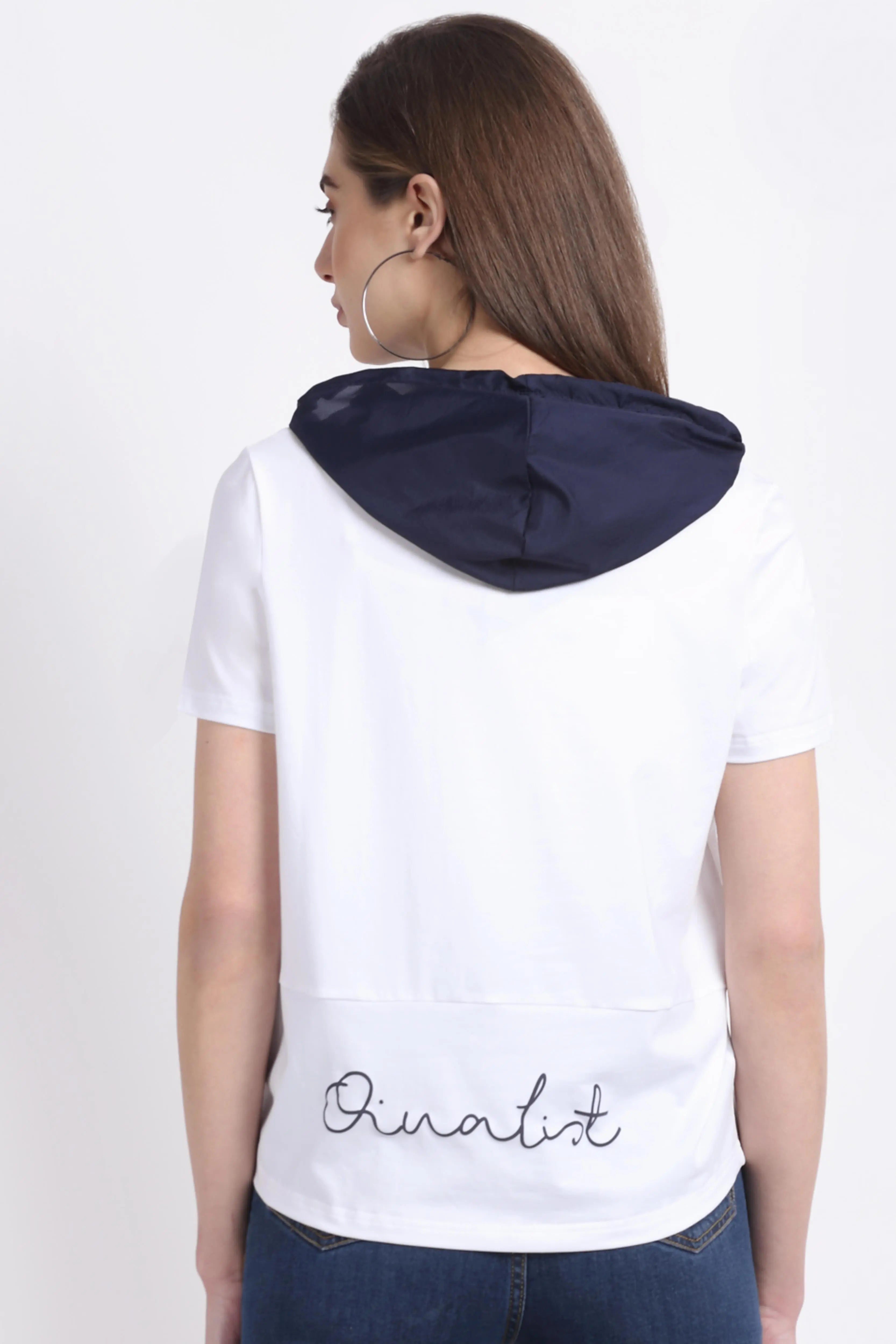 Women Regular-Fit White Cotton Hooded T-Shirt - Global Republic