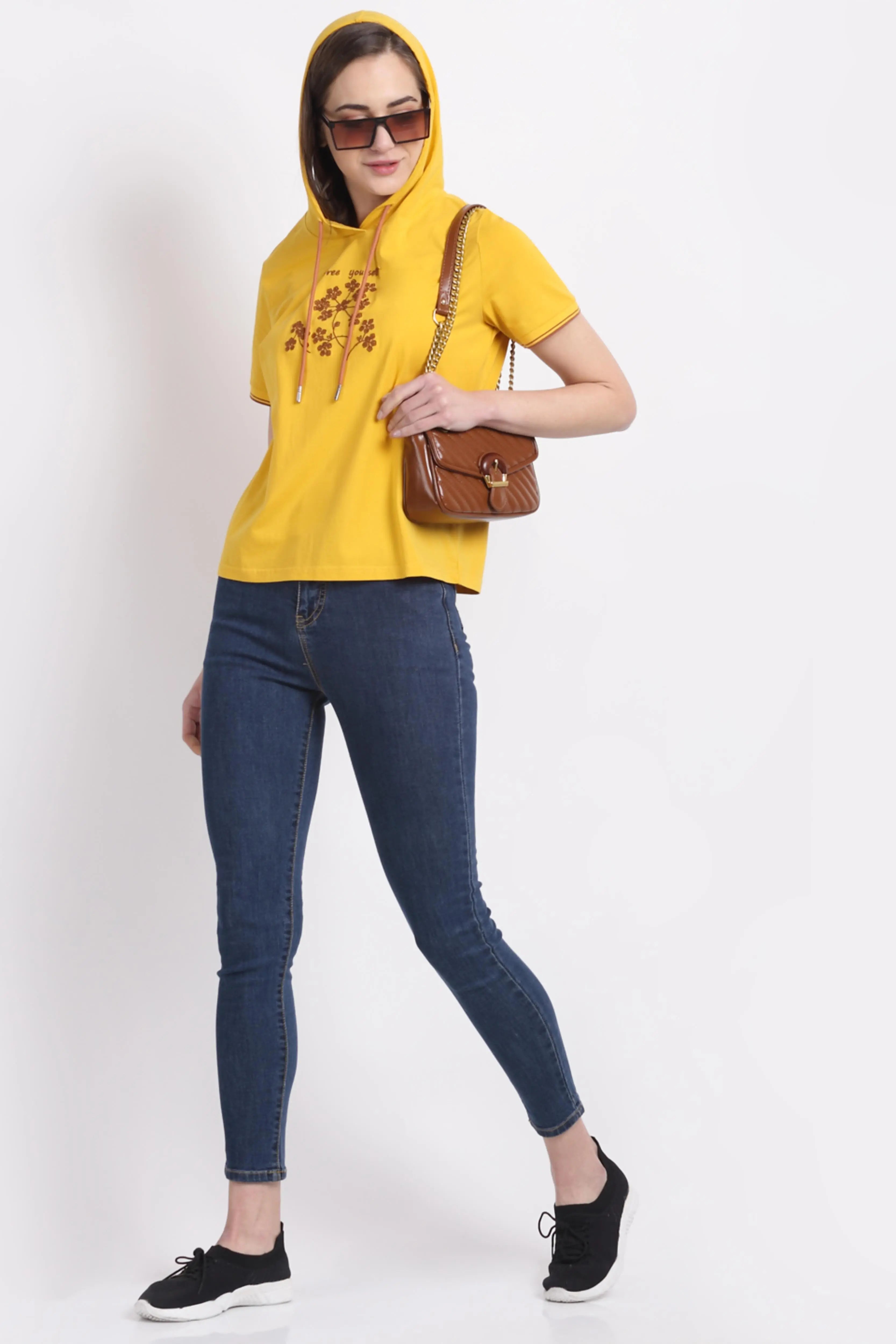 Women Regular-Fit Mustard Hooded Top - Global Republic