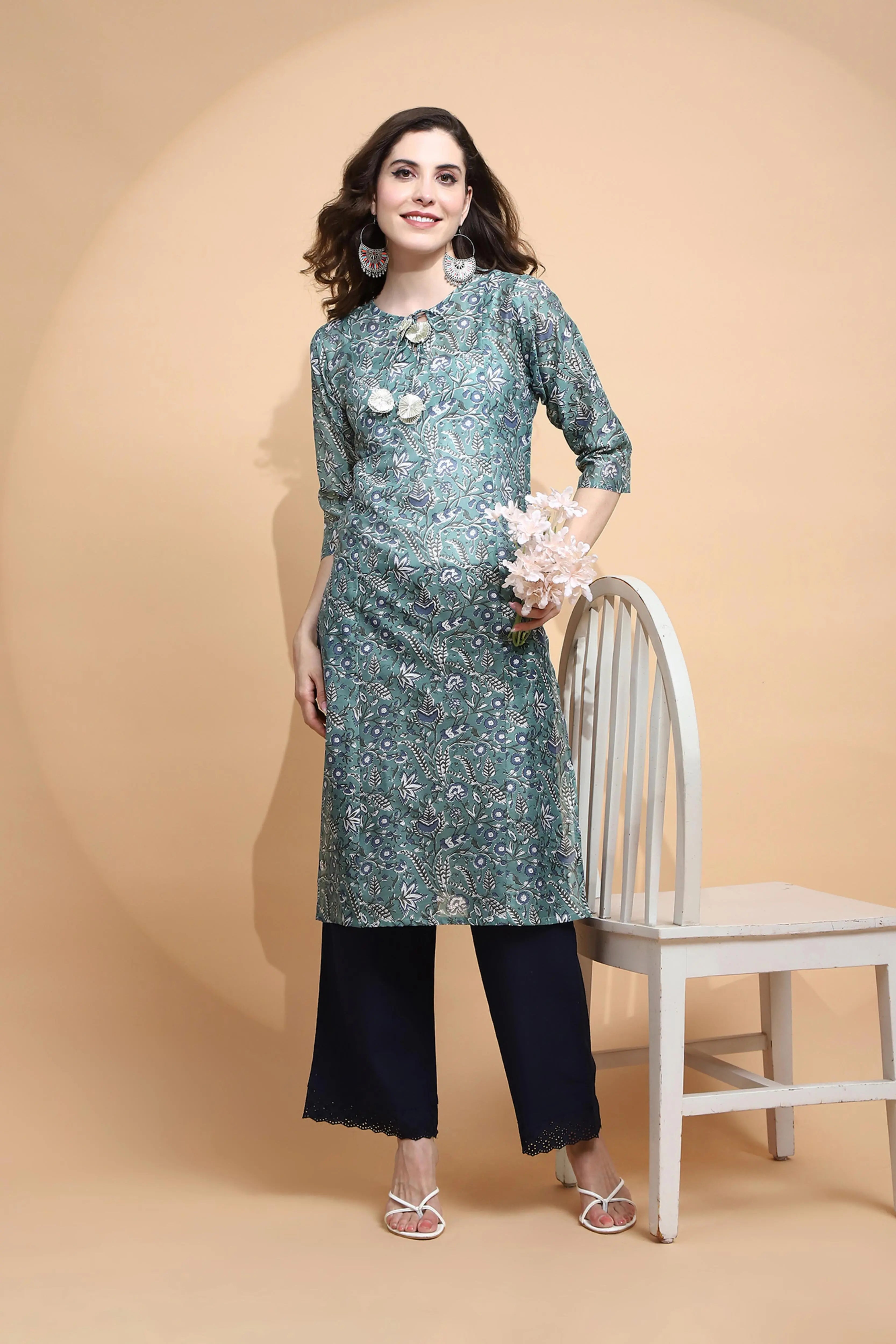Green Printed Cotton Kurta - Global Republic
