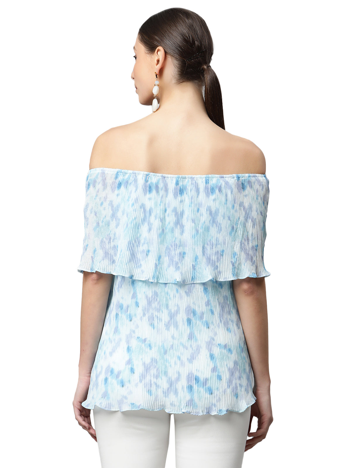 White & Blue A-Line Fit Off Shoulder Top - Global Republic