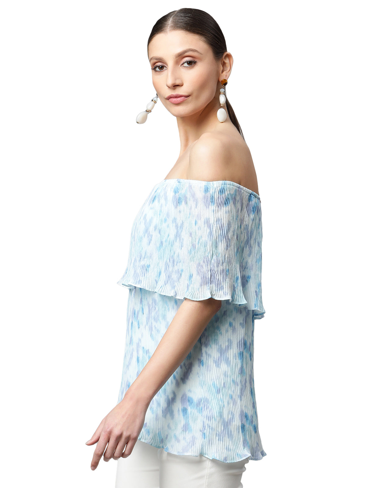 White & Blue A-Line Fit Off Shoulder Top - Global Republic