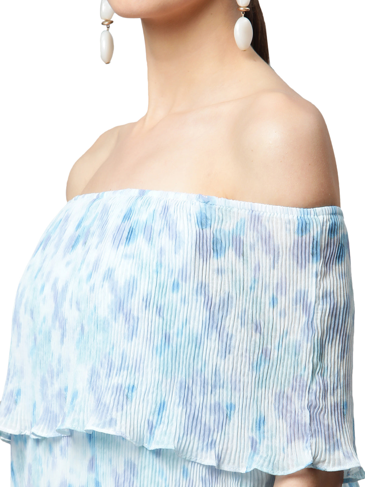 White & Blue A-Line Fit Off Shoulder Top - Global Republic