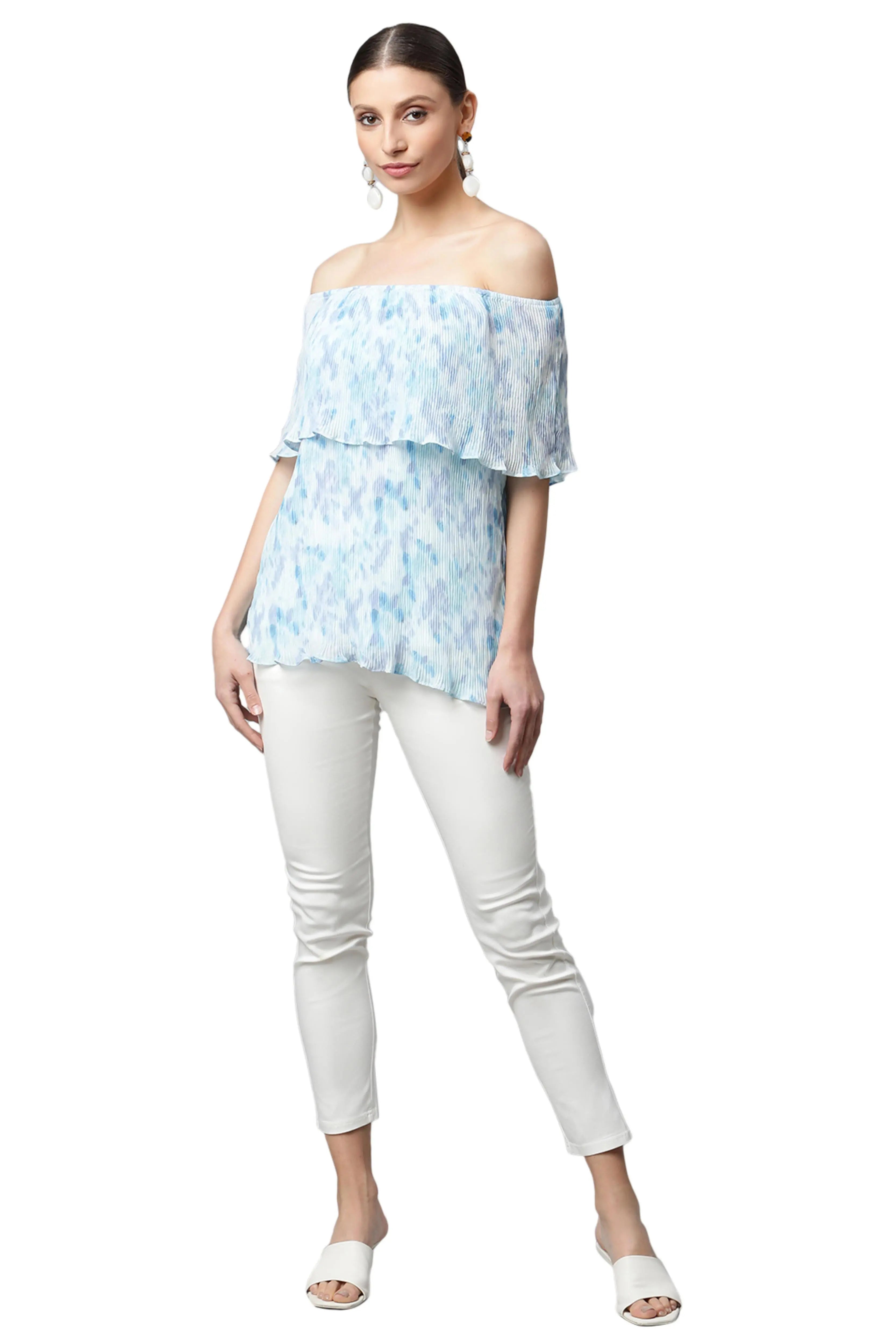 White & Blue A-Line Fit Off Shoulder Top - Global Republic