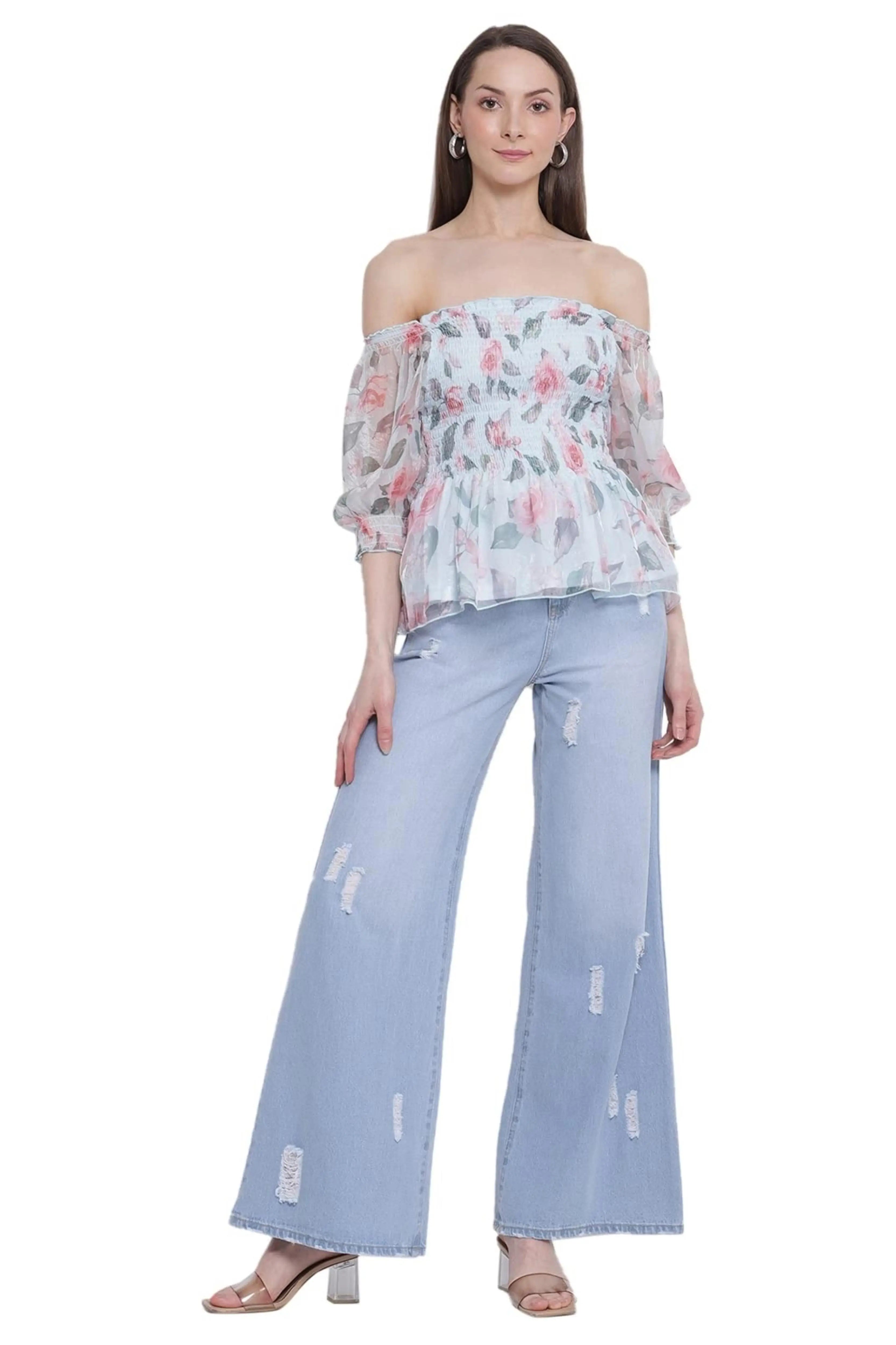 Off-Shoulder Blue Floral Print Peplum Top - Global Republic